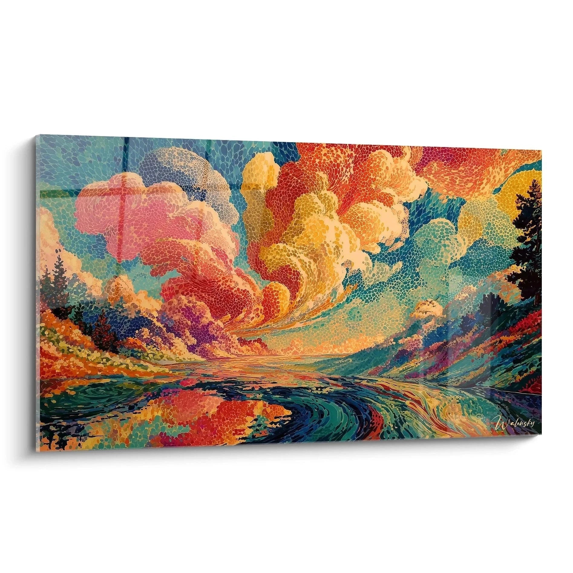 Wandbild Landschaft Pointillismus mit dramatischen Wolken in leuchtenden Farben und Bergszenerie