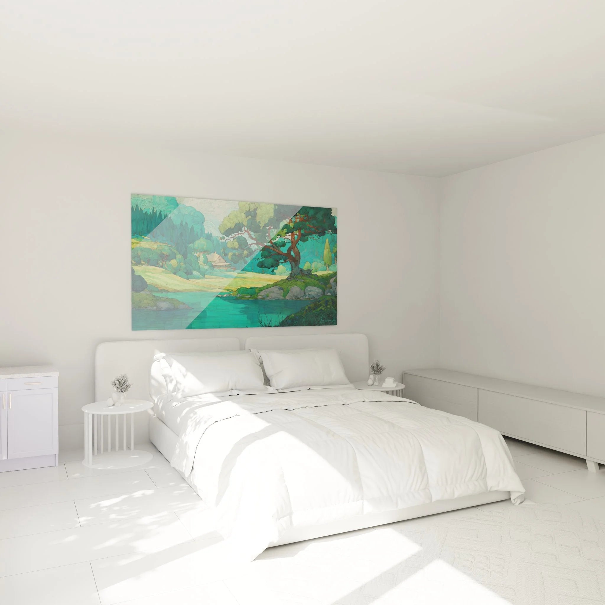Wandbild grüne Landschaft im Schlafzimmer als beruhigende Dekoration mit Naturmotiv