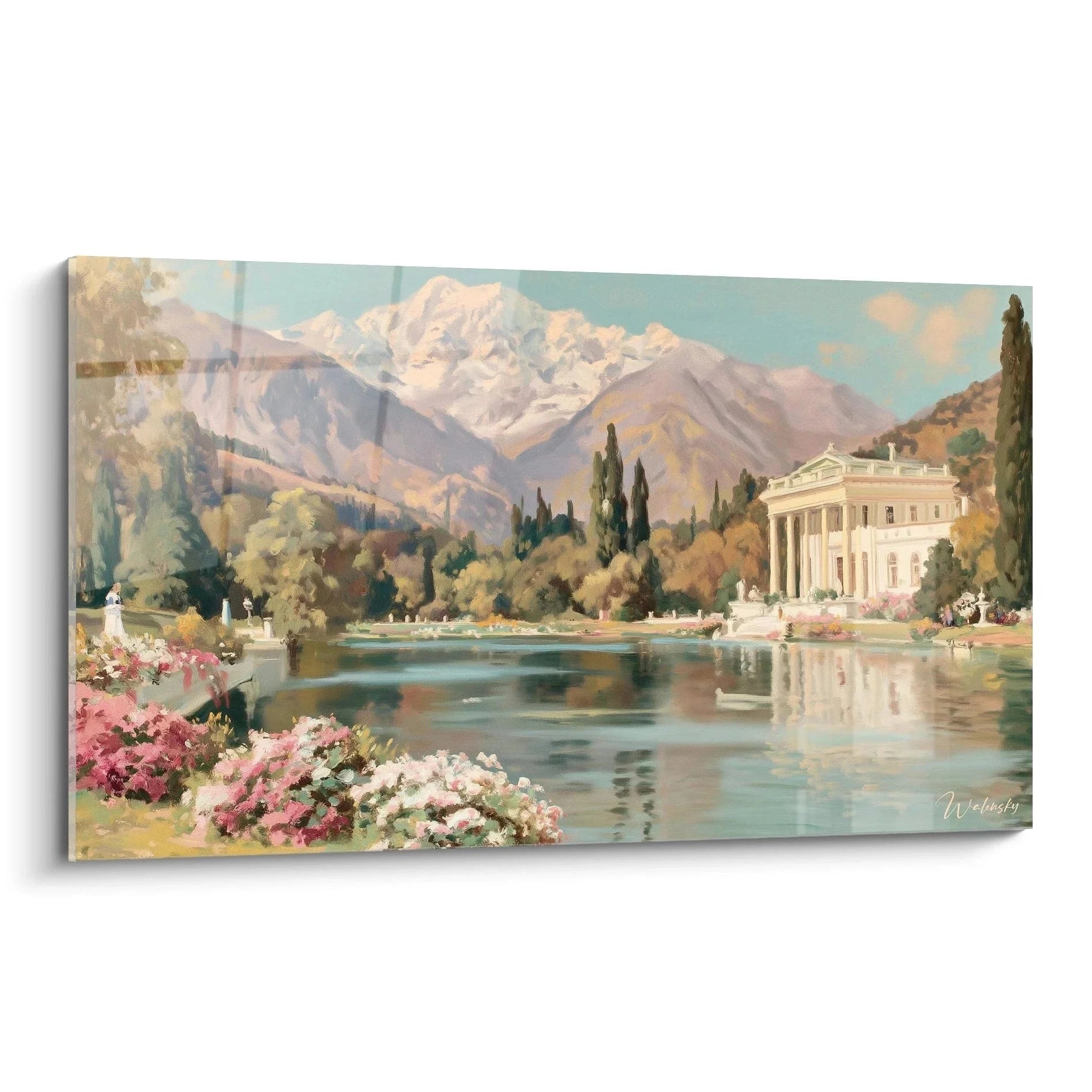 Wandbild Landschaftsgemälde Klassizismus Villa am Bergsee mit Alpen Panorama und blühenden Rhododendren