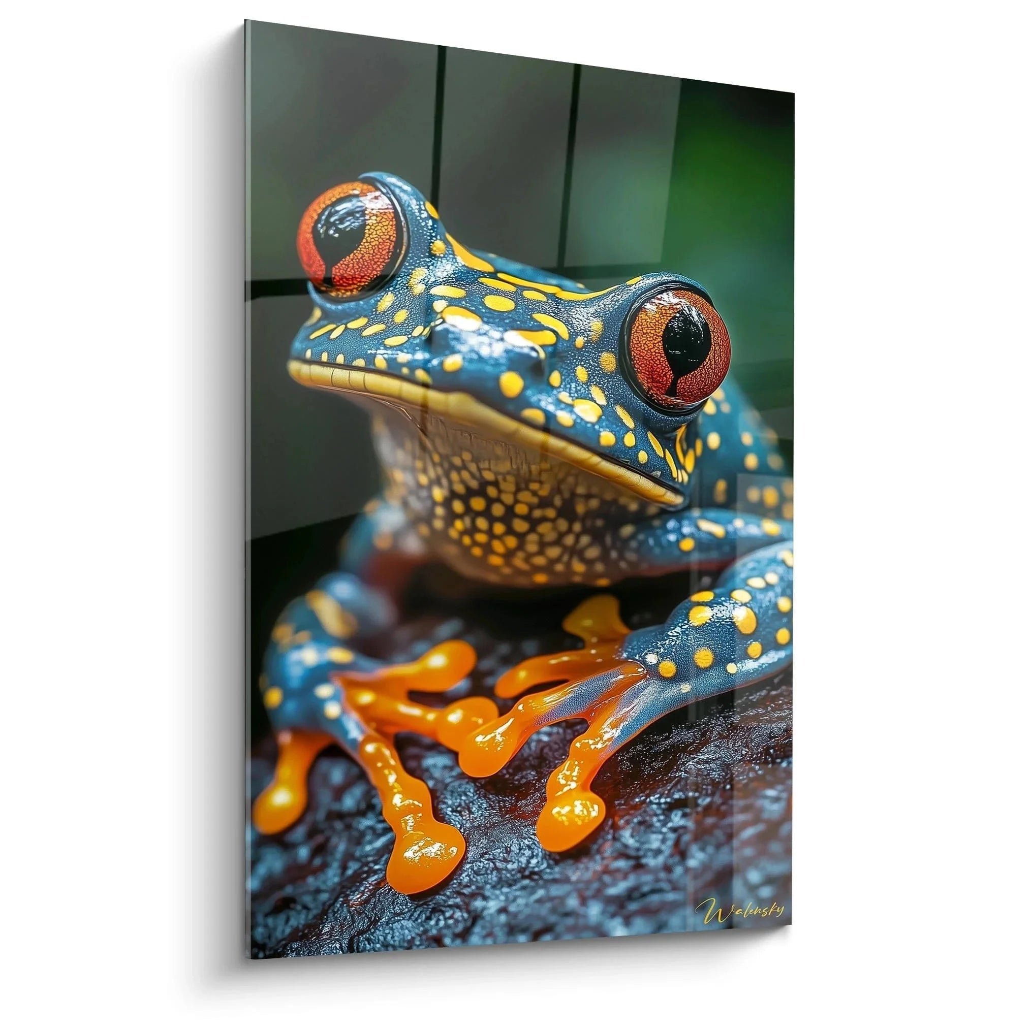 Wandbild Laubfrosch mit blauen Körper, gelben Punkten und roten Augen - Edition Frosch Wandkunst