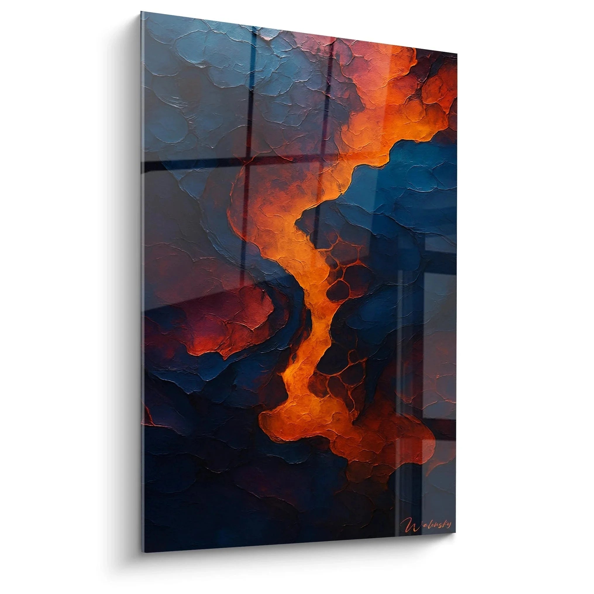 Wandbild Lavastrom abstrakt mit orangeroter Lava und blauen Gesteinsschichten in Impasto-Technik