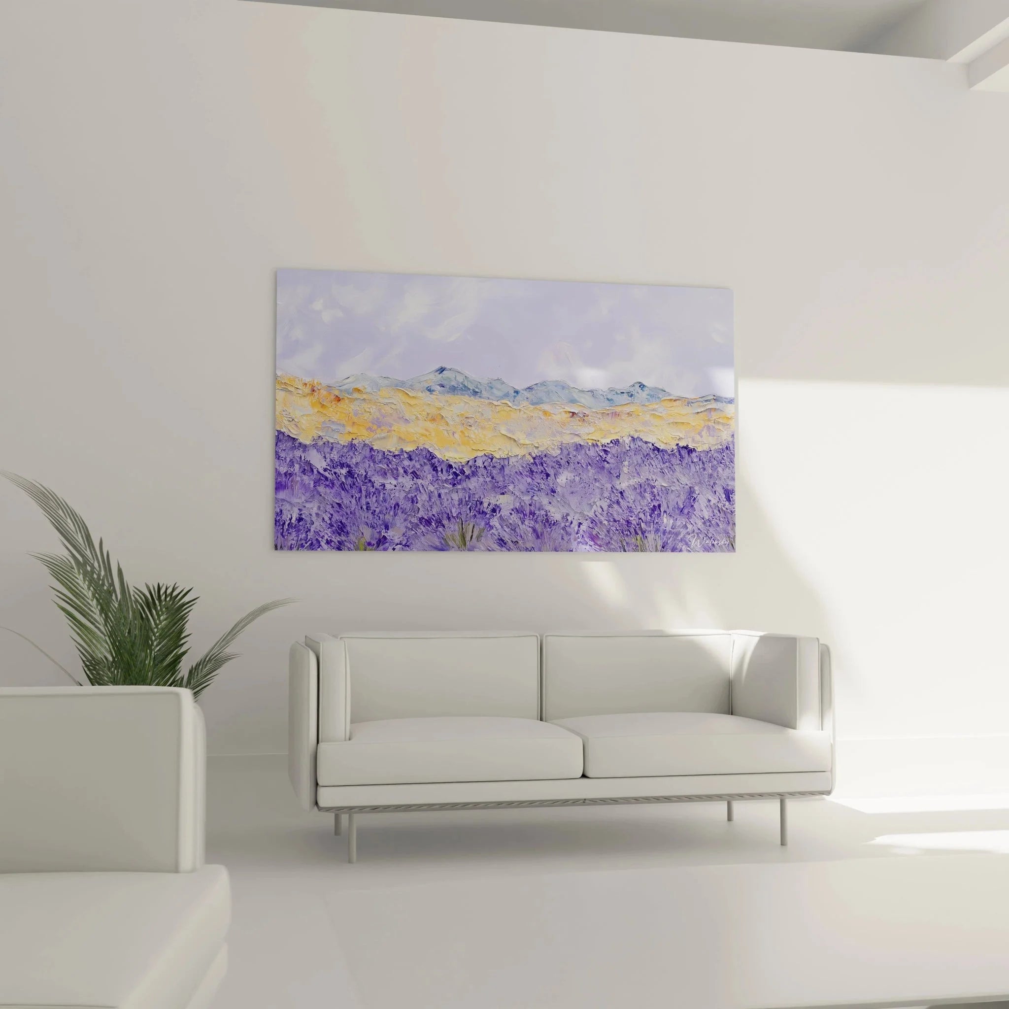 Detailansicht Wandbild Lavendelfeld, impressionistische Pinselführung in Violett und Gelb