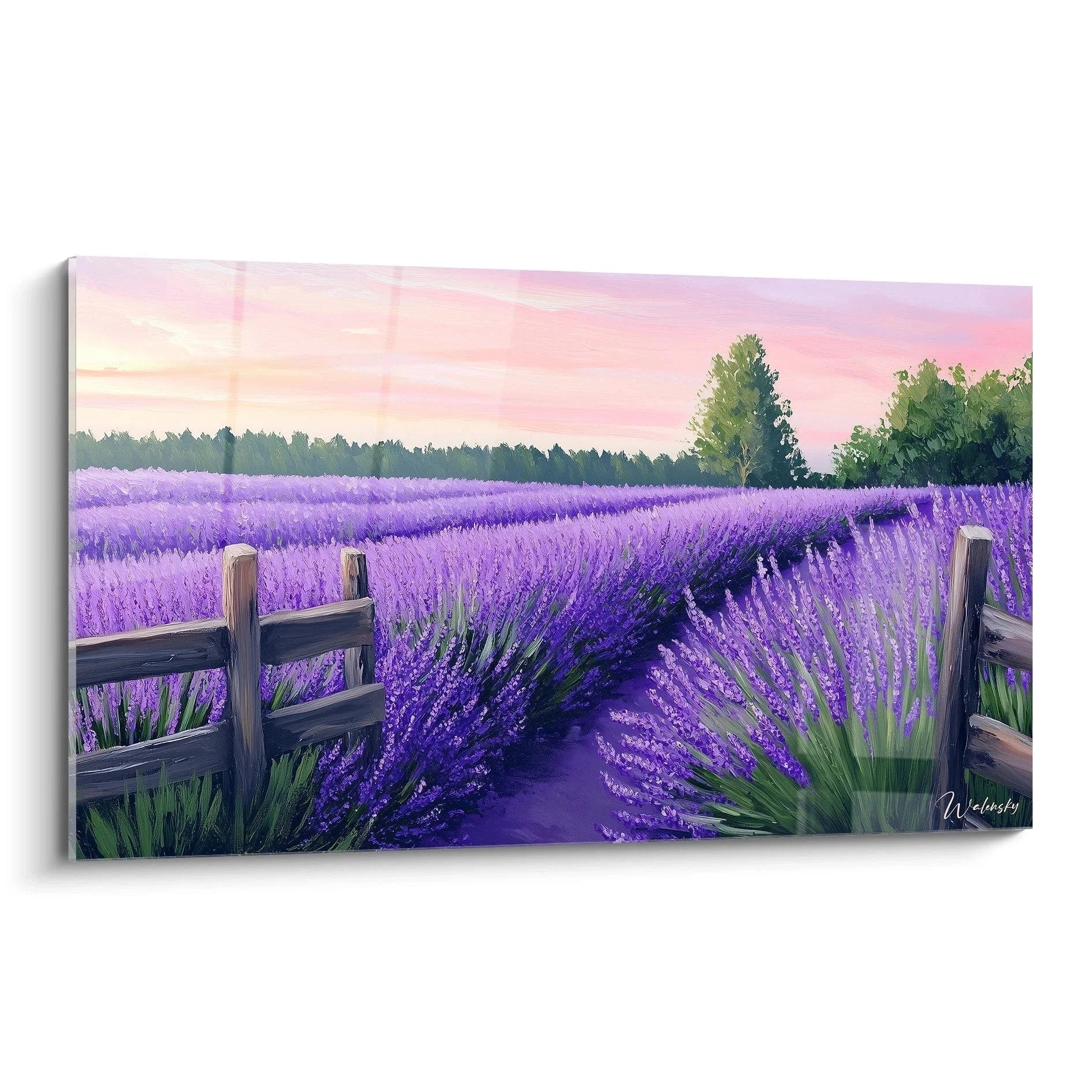 Wandbild Lavendelfeld mit Holzzaun bei Sonnenuntergang in der Provence, violette Blüten und rosa Himmel