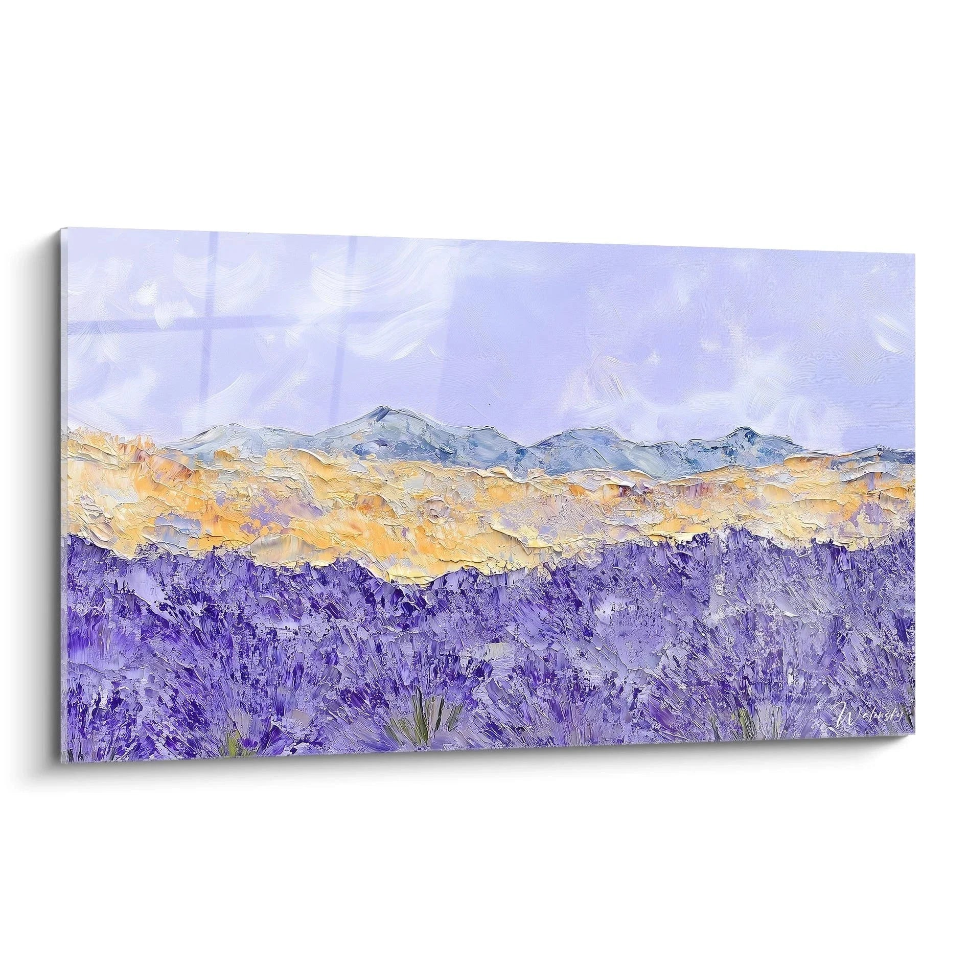 Wandbild Lavendelfeld mit Bergen in impressionistischem Stil, violette Provence Landschaft