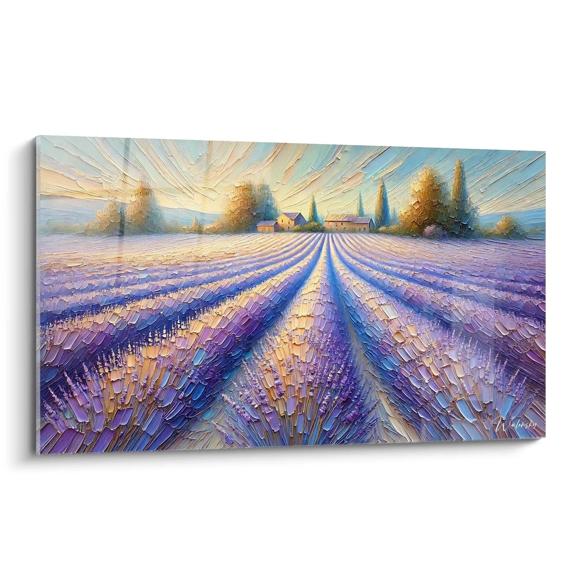Wandbild Lavendelfeld Provence mit Sonnenuntergang und dramatischen Lichtstrahlen