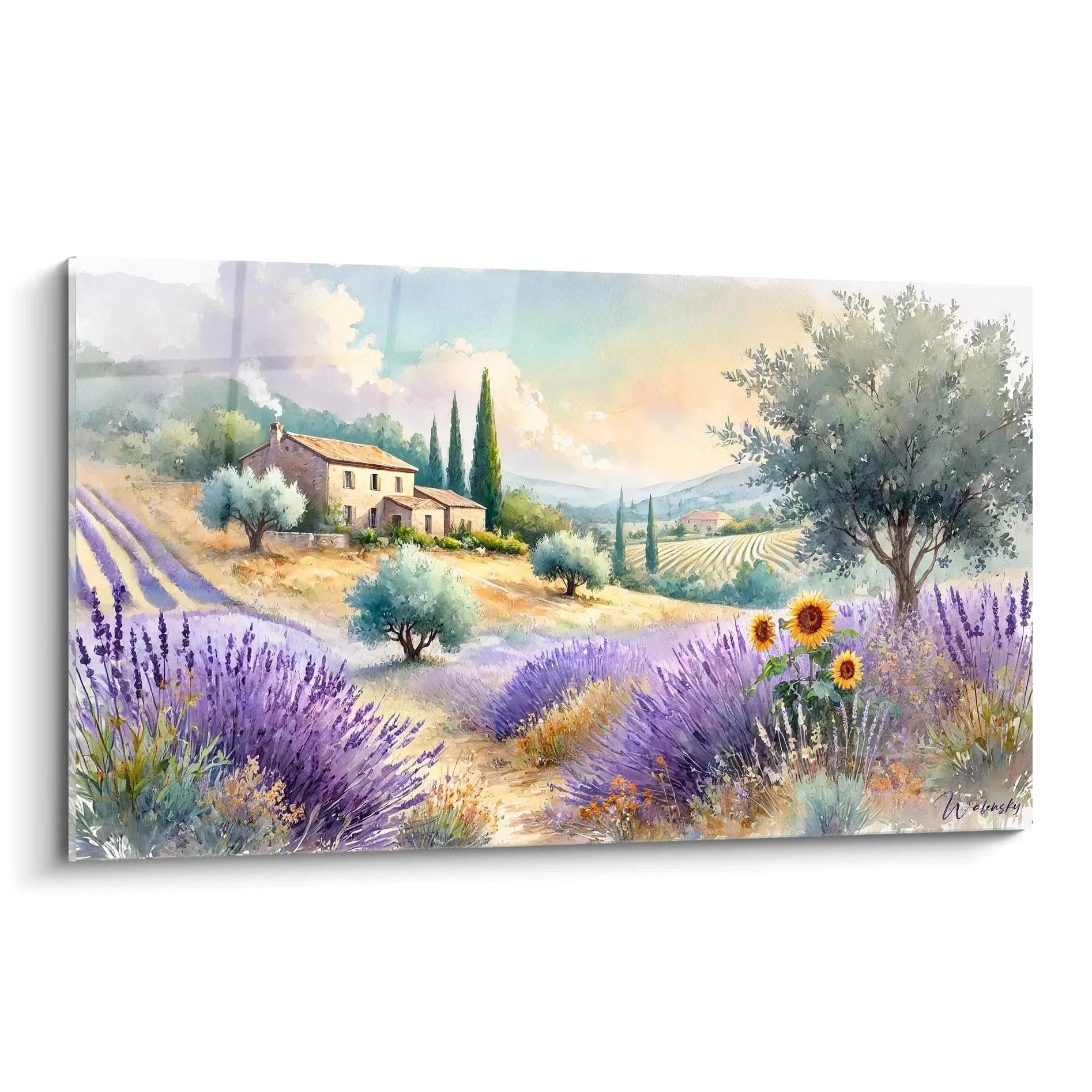 Wandbild Lavendelfeld Provence mit Steinhaus, Zypressen und Sonnenblumen in Aquarelltechnik