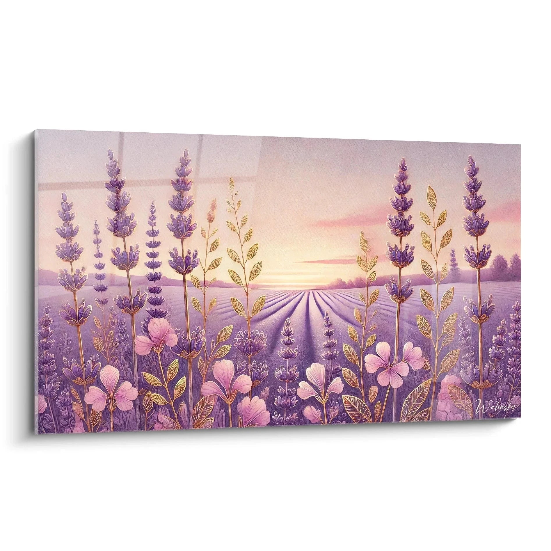 Wandbild Lavendelfeld Sonnenuntergang mit violetten Blüten und rosa Hibiskus im Abendlicht