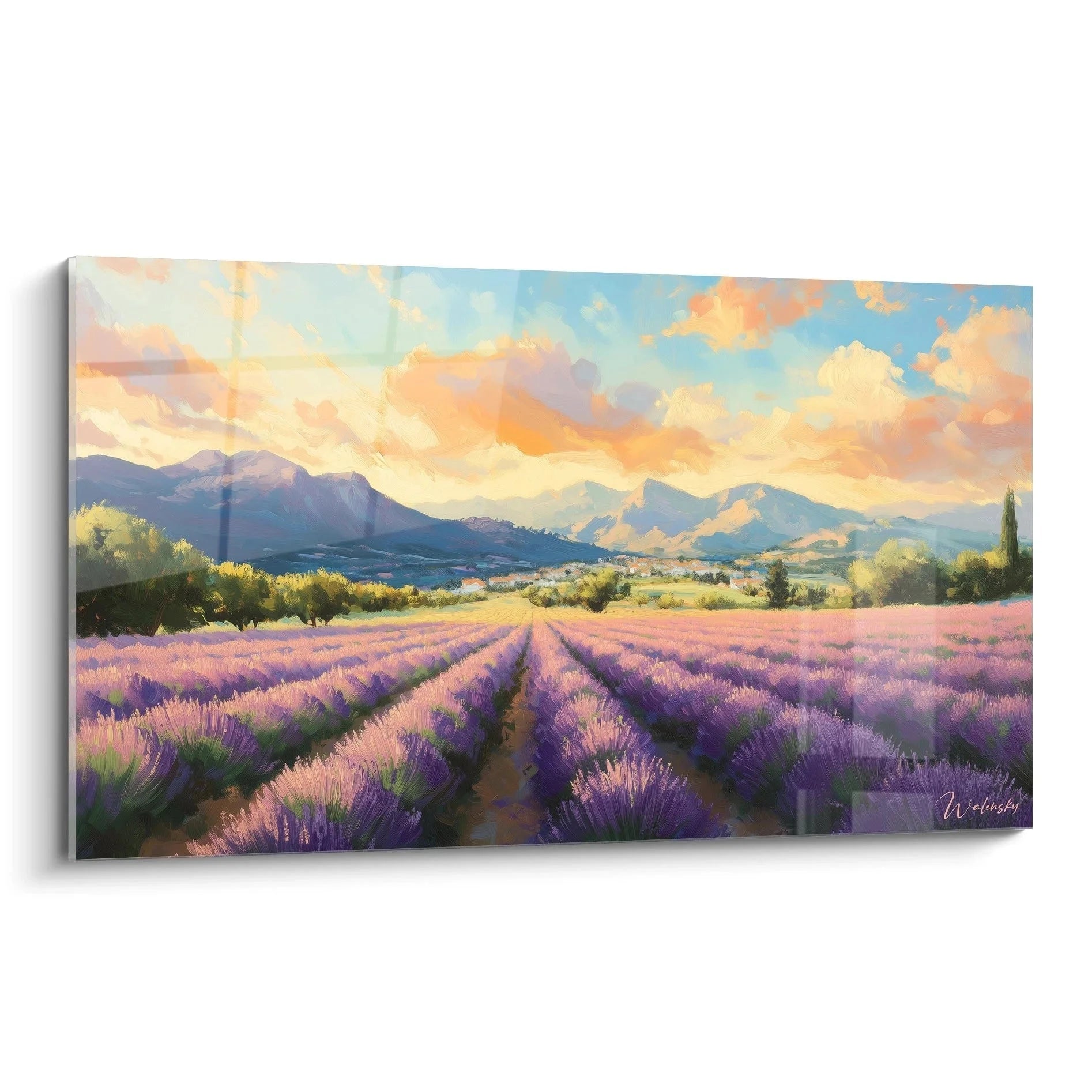 Wandbild Lavendelfelder Provence mit violetten Lavendelreihen und Sonnenuntergang über Bergen