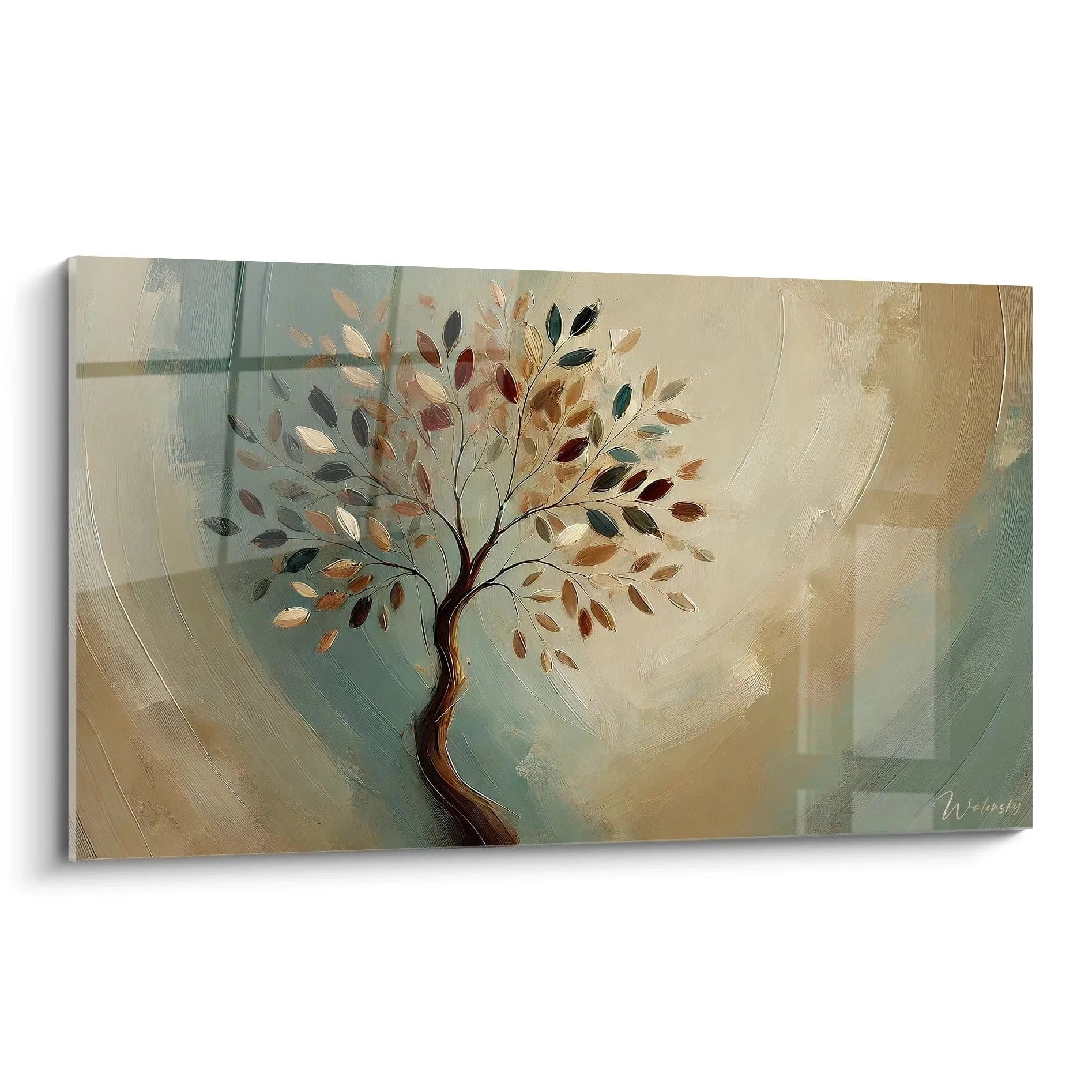 Wandbild Lebensbaum in Beigetönen mit bunten Blättern, moderner Kunstdruck Edition Baum