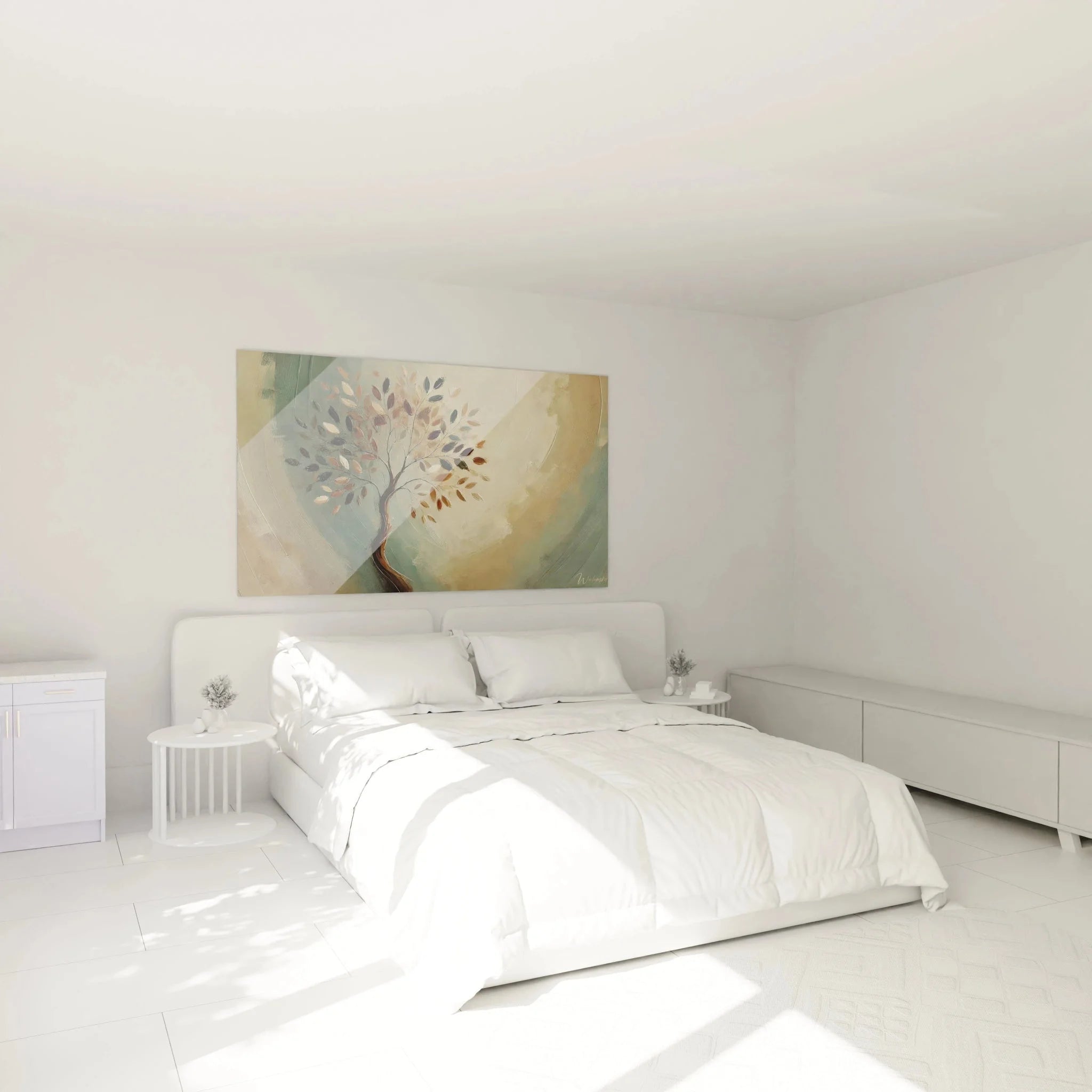 Wandbild Lebensbaum Harmony in Schlafzimmer, warme Farben schaffen gemütliche Atmosphäre