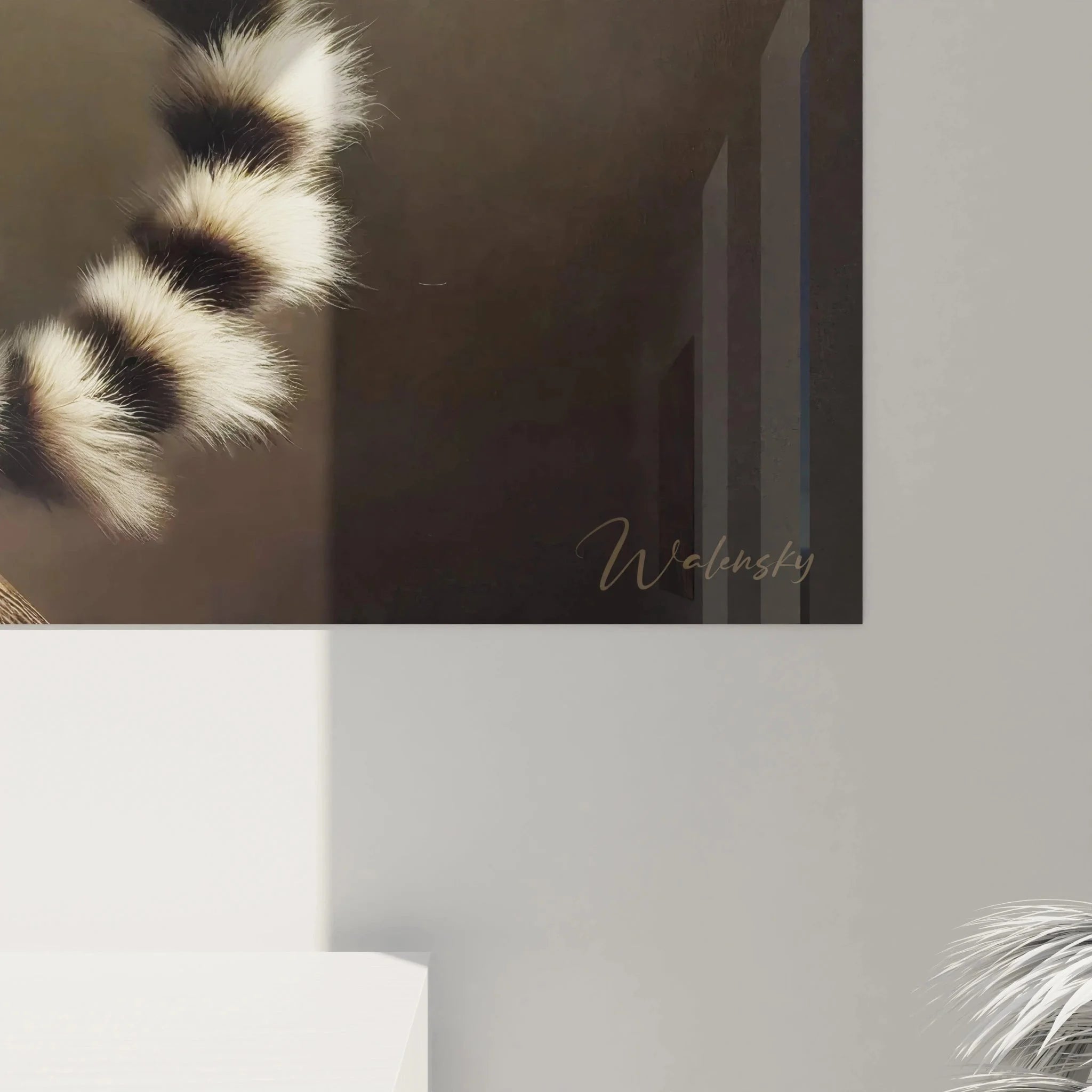 Gesamtansicht Wandbild Lemur Katta, Madagascar Primaten Kunstwerk in warmen Erdtönen