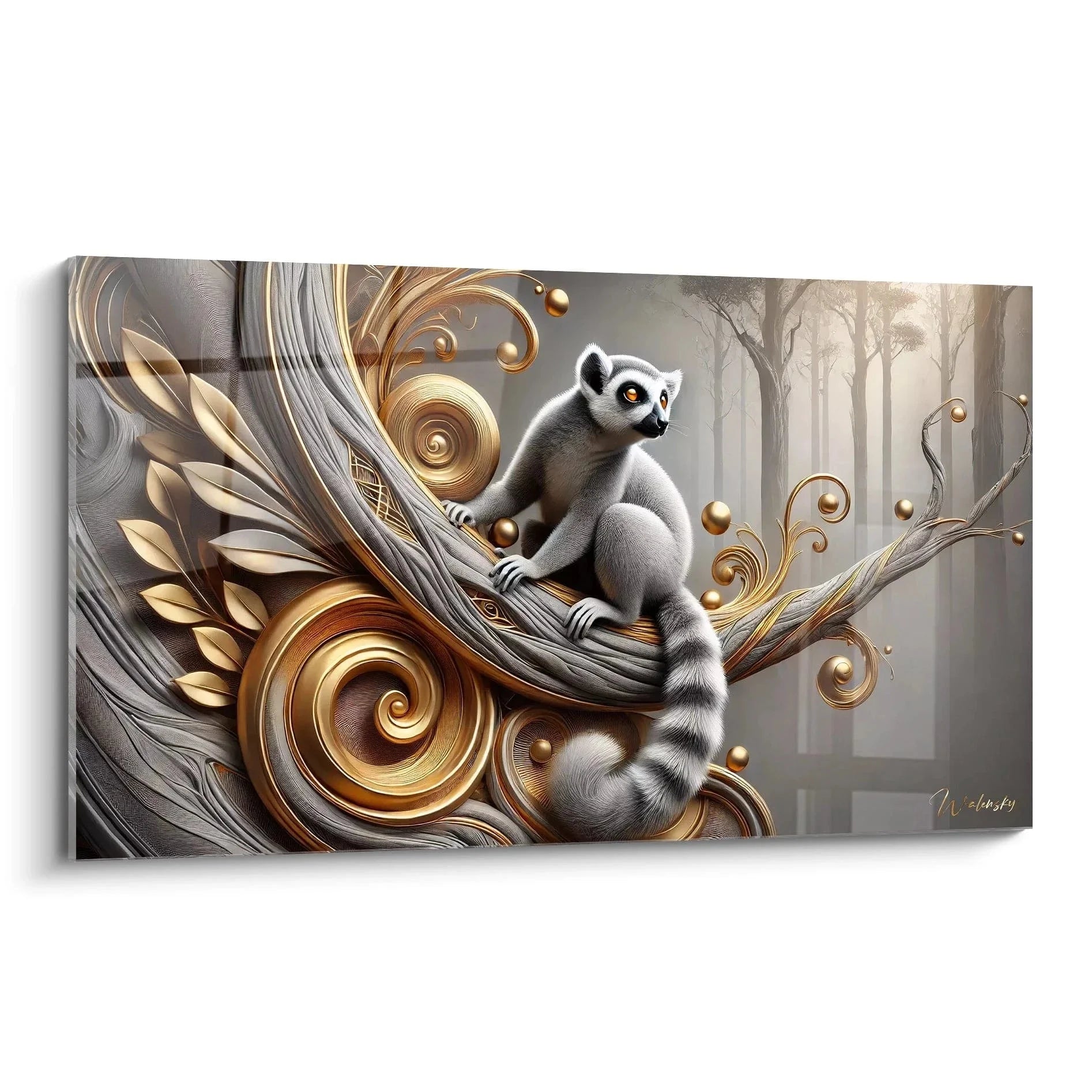 Wandbild Lemur mit goldenen Ornamenten und spiralförmigen Verzierungen in Premium Qualität