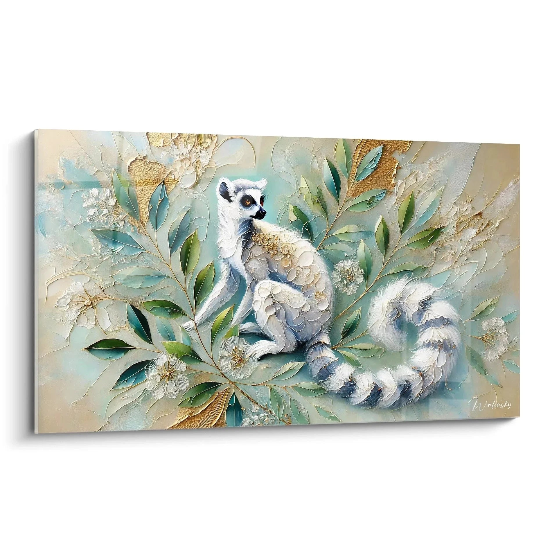 Wandbild Lemur Mutter mit Baby in Pastelltönen, botanische Elemente, moderne Wanddeko XXL für Wohnzimmer