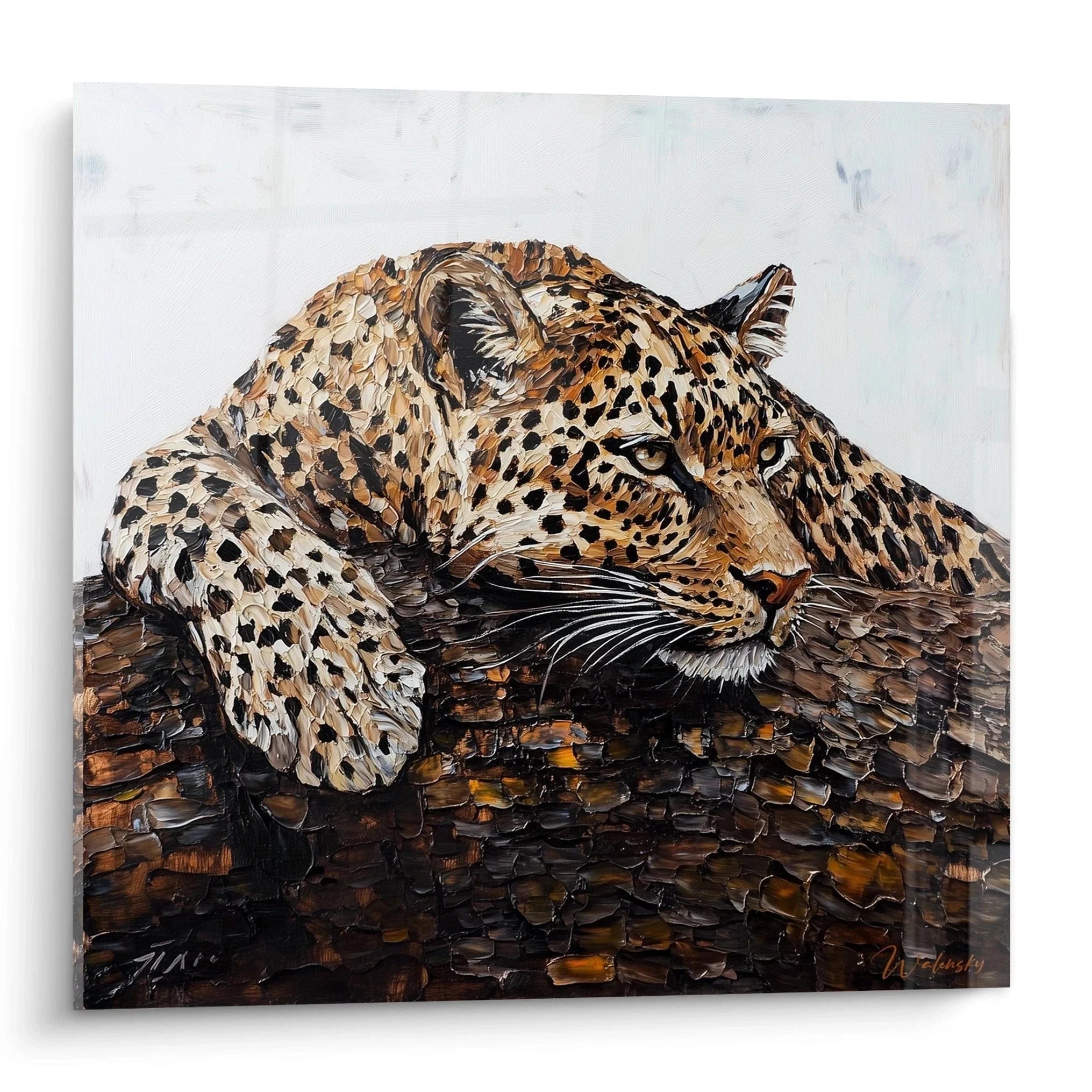 Wandbild Leopard ruhend auf Ast mit detailreicher Fellzeichnung und bernsteinfarbenen Augen