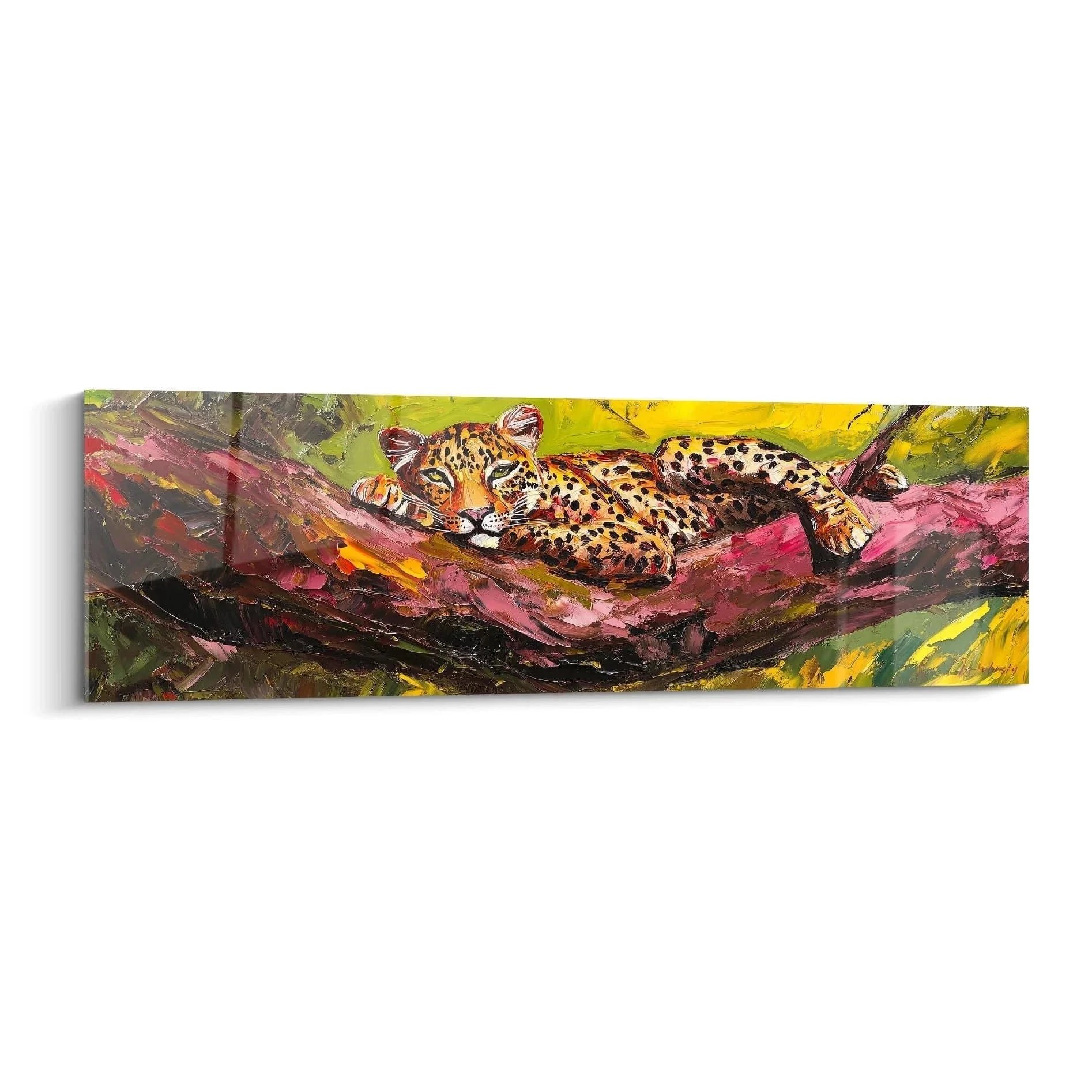 Wandbild Leopard ruhend auf rosa Ast - expressionistische Malerei mit leuchtenden Farben für moderne Wanddekoration
