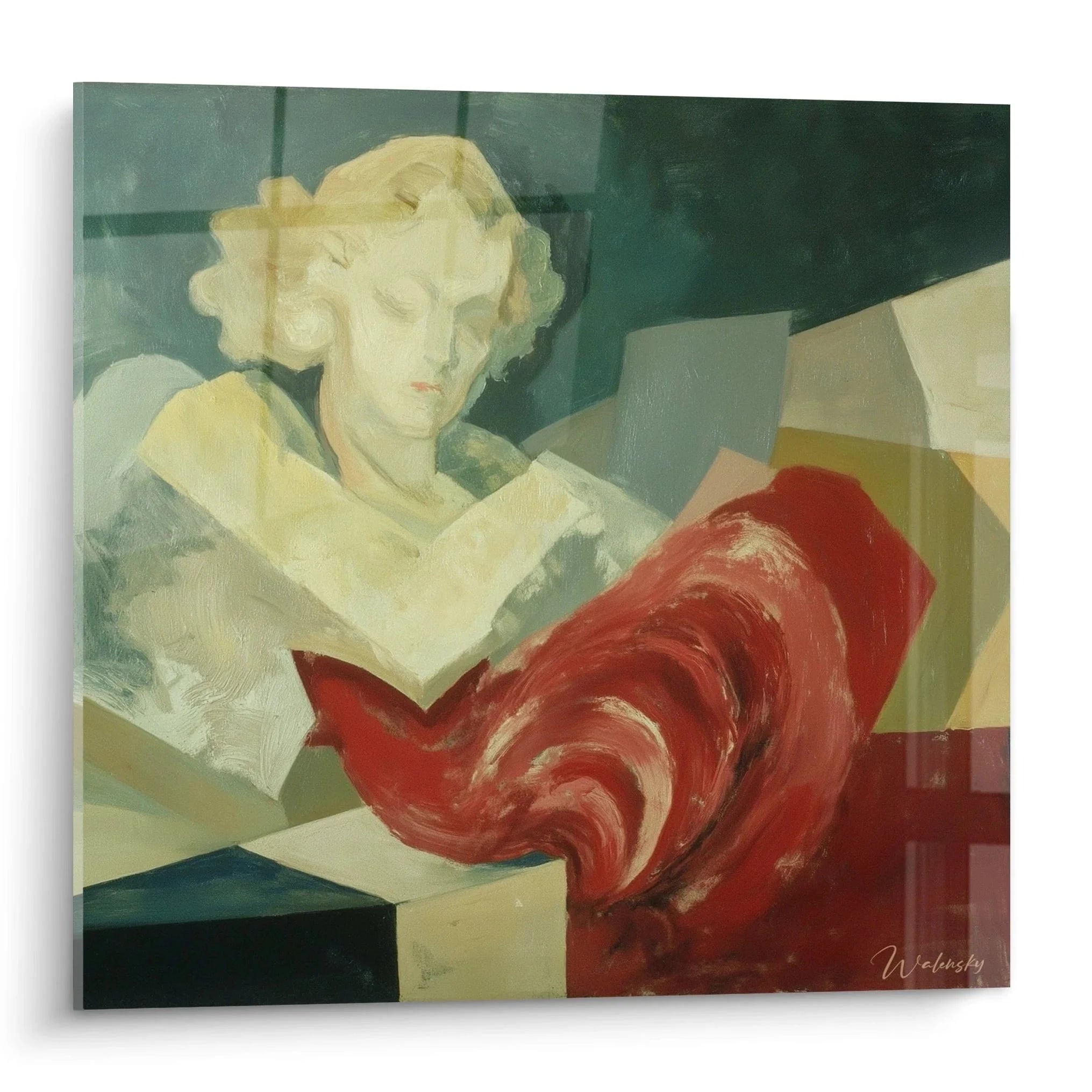 Dadaistisches Wandbild einer lesenden blonden Frau in geometrischer Komposition mit Grün- und Rottönen