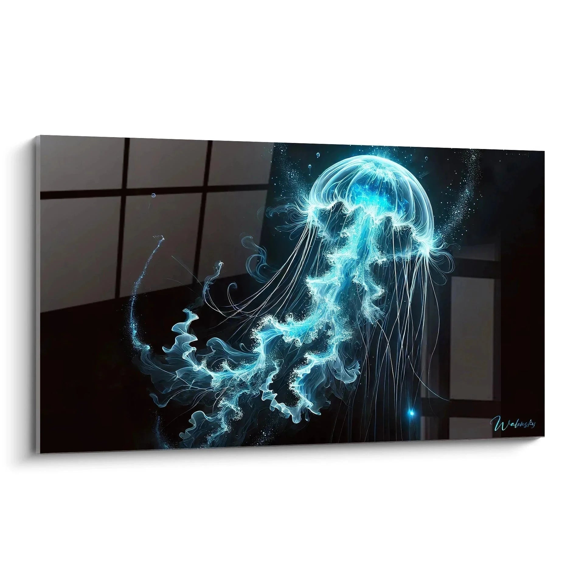 Wandbild leuchtende biolumineszente Qualle in türkisblauen Tönen mit strahlenden Tentakeln