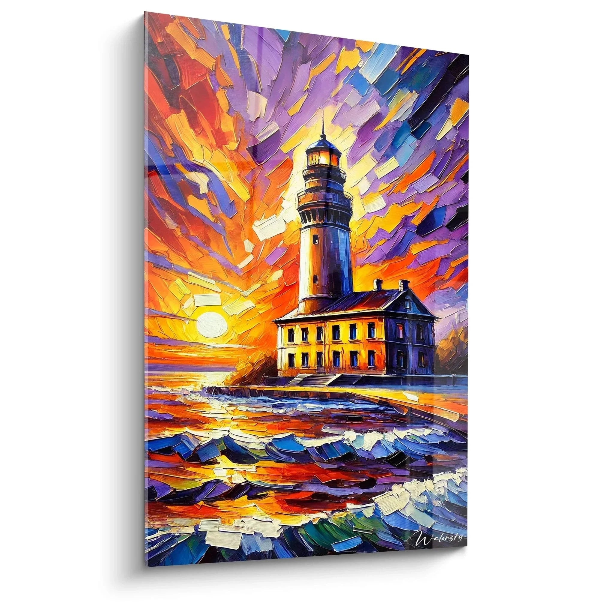 Wandbild Leuchtturm Fauvismus Stil mit dramatischem Sonnenuntergang und wilden Pinselstrichen maritime Wanddekoration