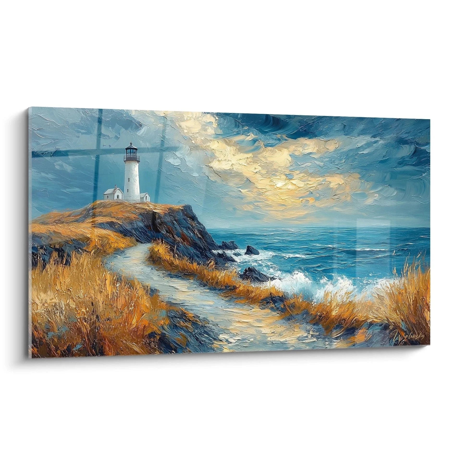 Wandbild Leuchtturm auf Klippe mit dramatischem Himmel und türkisblauem Meer - Maritime Wanddekoration XXL