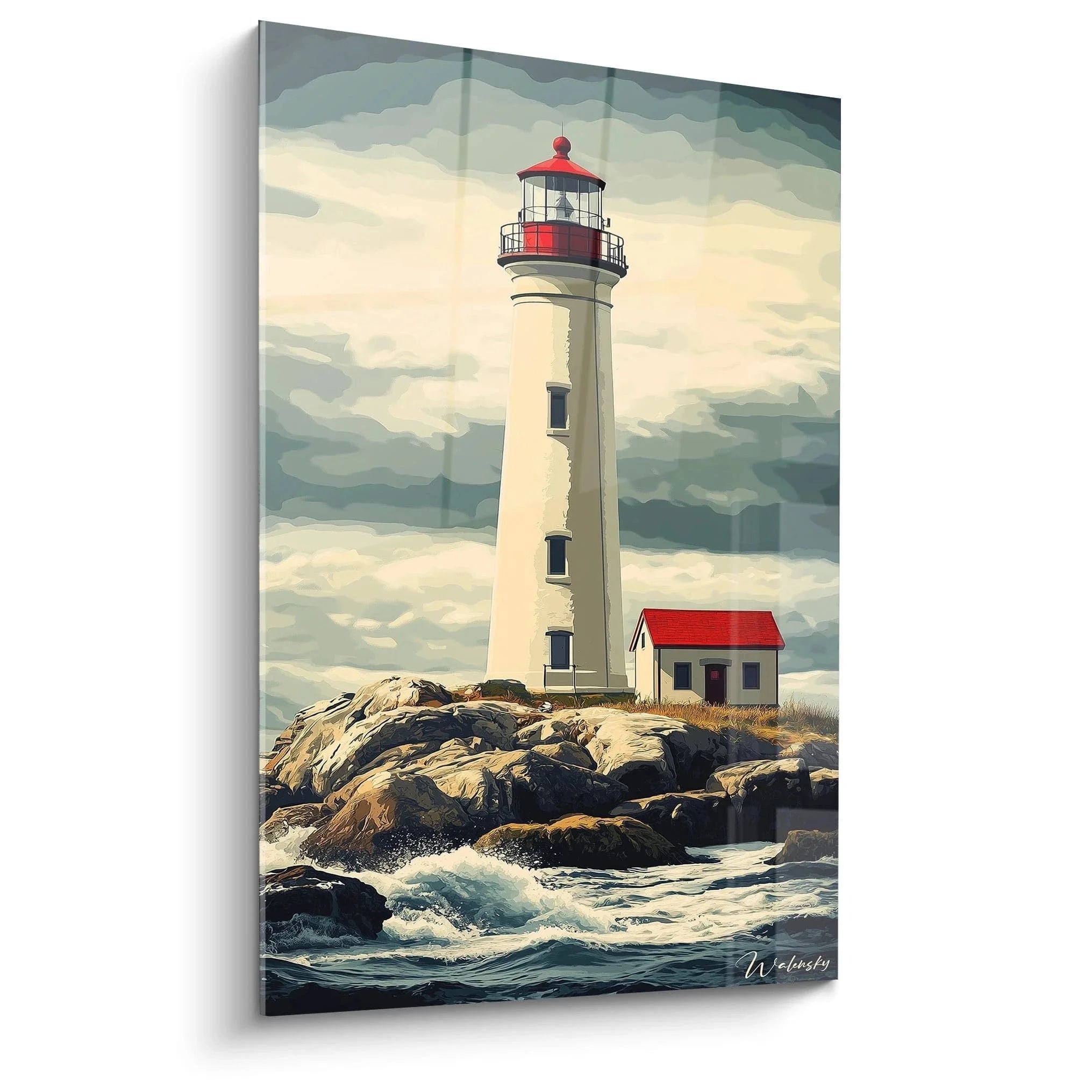 Wandbild Leuchtturm am Meer mit weißem Turm, roter Laterne auf Felsen mit schäumenden Wellen