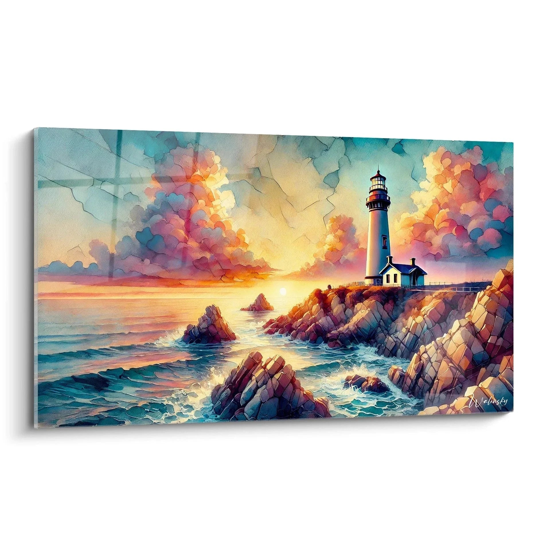 Wandbild Leuchtturm bei Sonnenuntergang mit dramatischen Wolken und Küstenfelsen - Edition Ozean