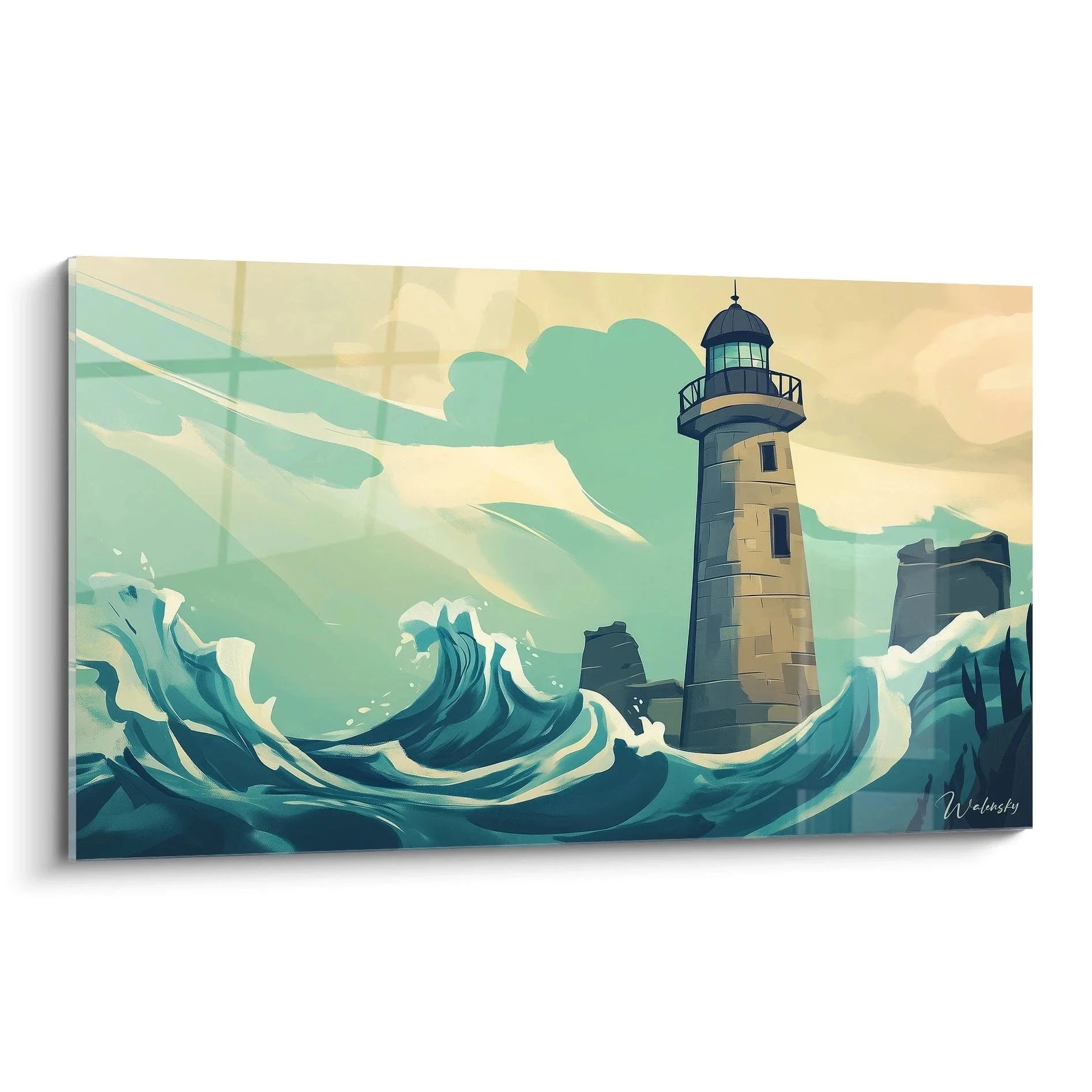 Wandbild Leuchtturm mit stürmischen Meereswellen in türkis und creme Tönen - maritime Wanddekoration