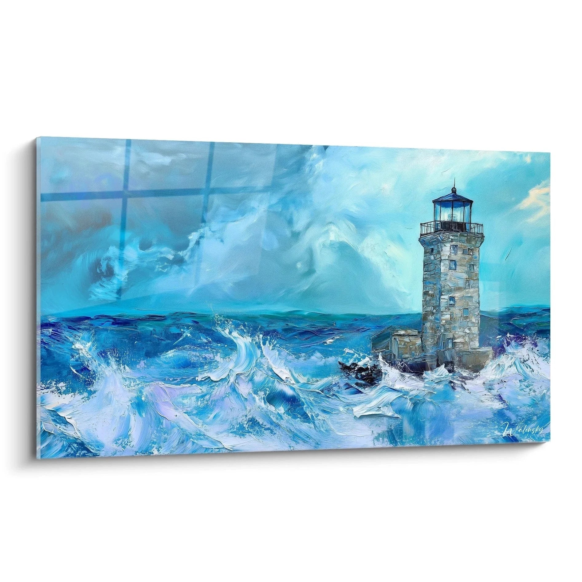 Dramatisches Wandbild Leuchtturm im Sturm mit tosenden Wellen und dramatischem Himmel