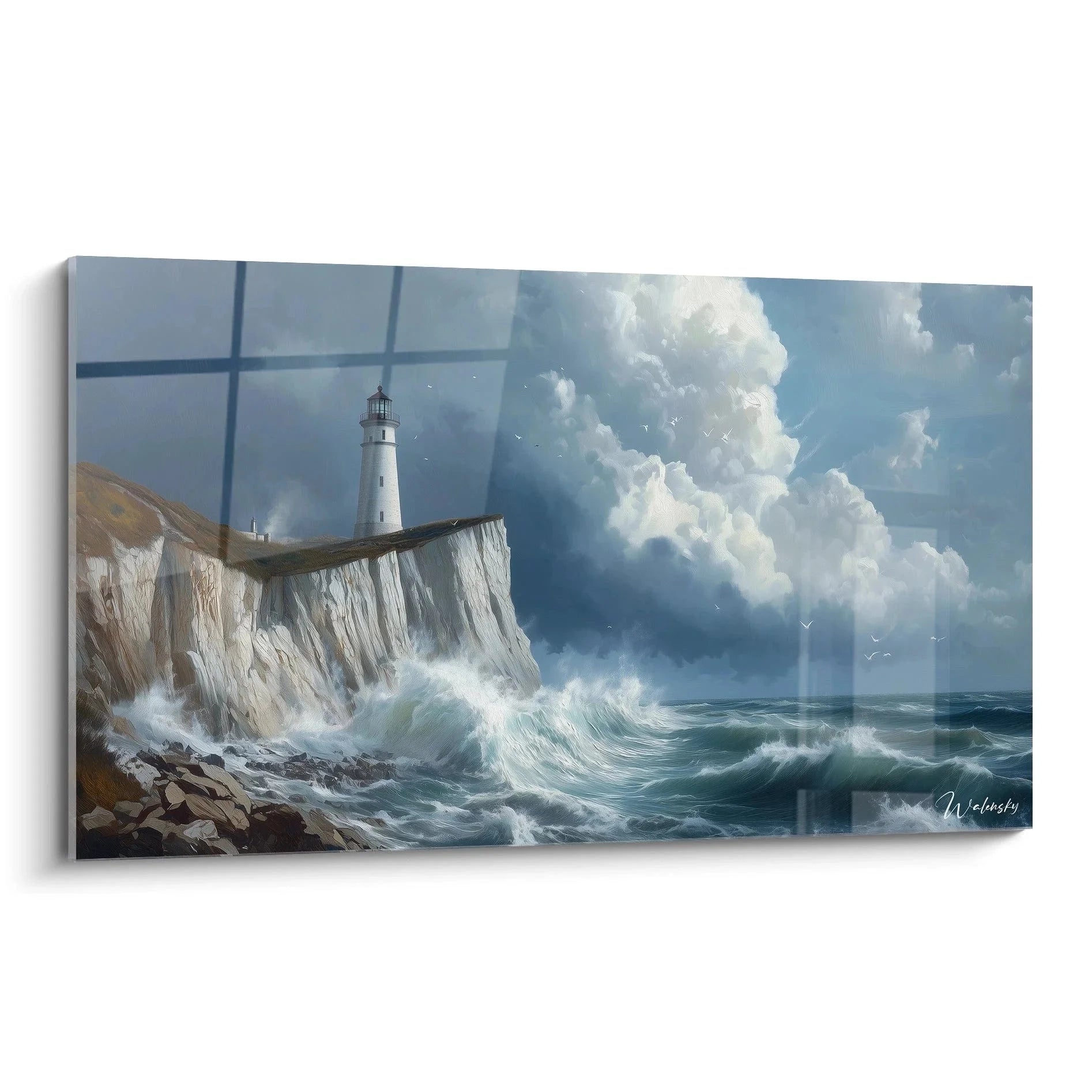 Wandbild Leuchtturm auf Kreidefelsen bei stürmischem Wetter mit dramatischen Wellen