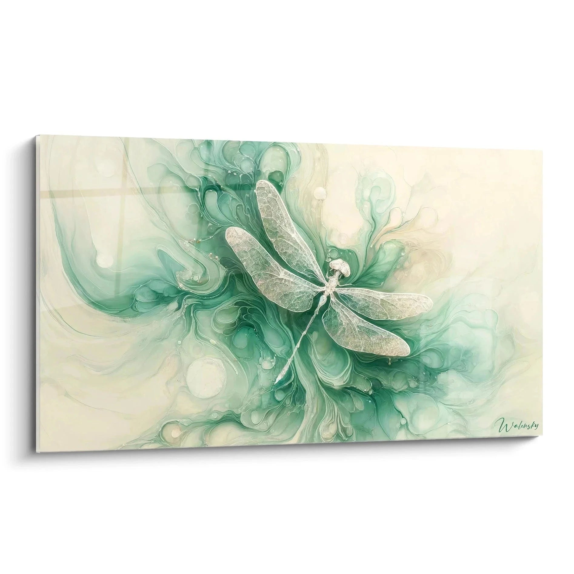 Wandbild Libelle abstrakt in grünen Tönen - Edition Acryl-Optik mit organischen Formen und fließenden Strukturen