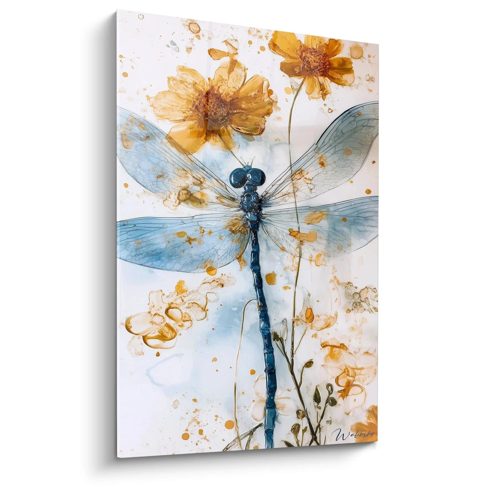 Wandbild Libelle Aquarell mit goldenen Blüten und blauen transparenten Flügeln in natürlicher Darstellung