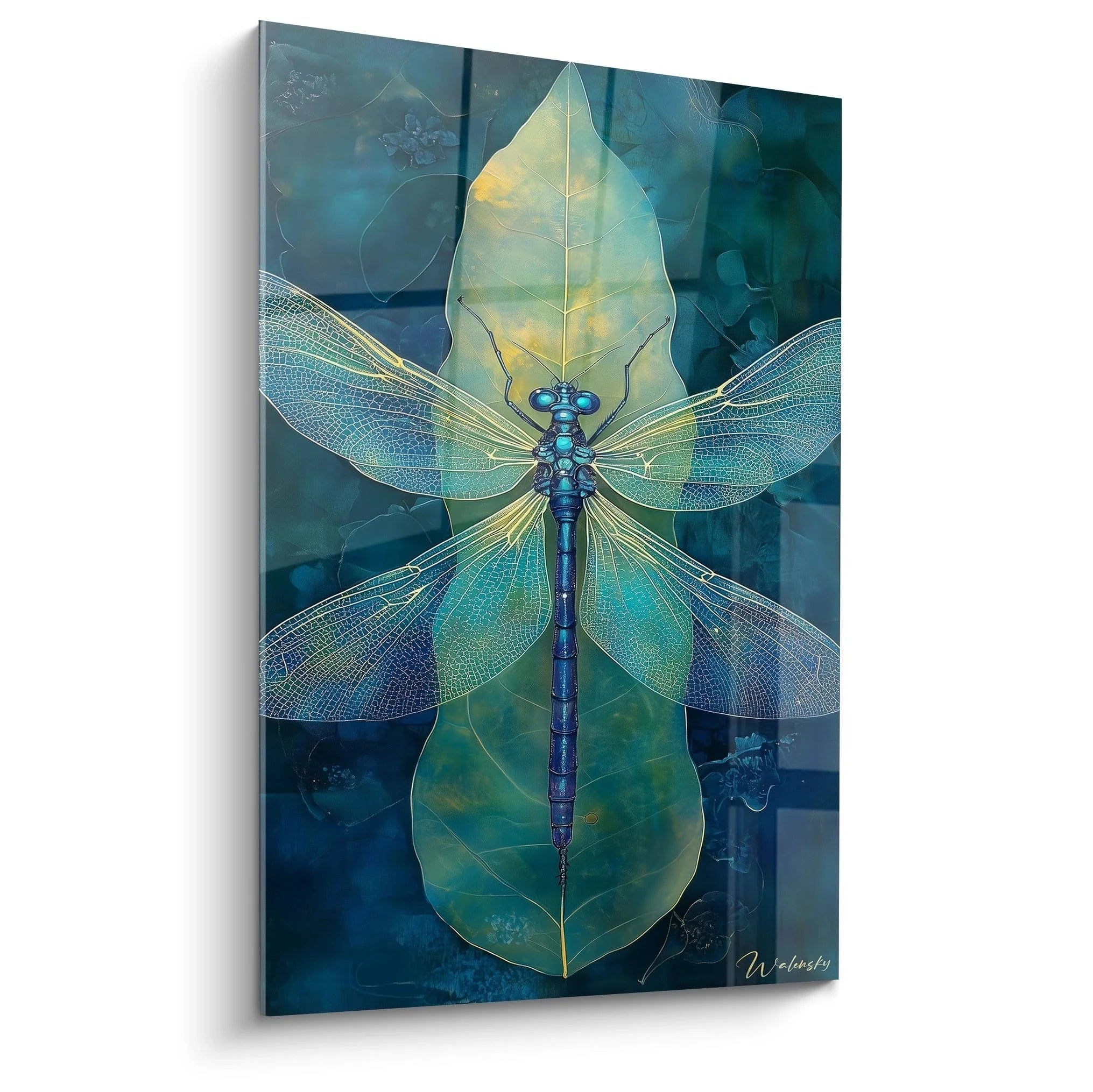 Wandbild Libelle blau mit transparenten Flügeln auf gelbem Blatt - moderne Naturkunst Leinwand