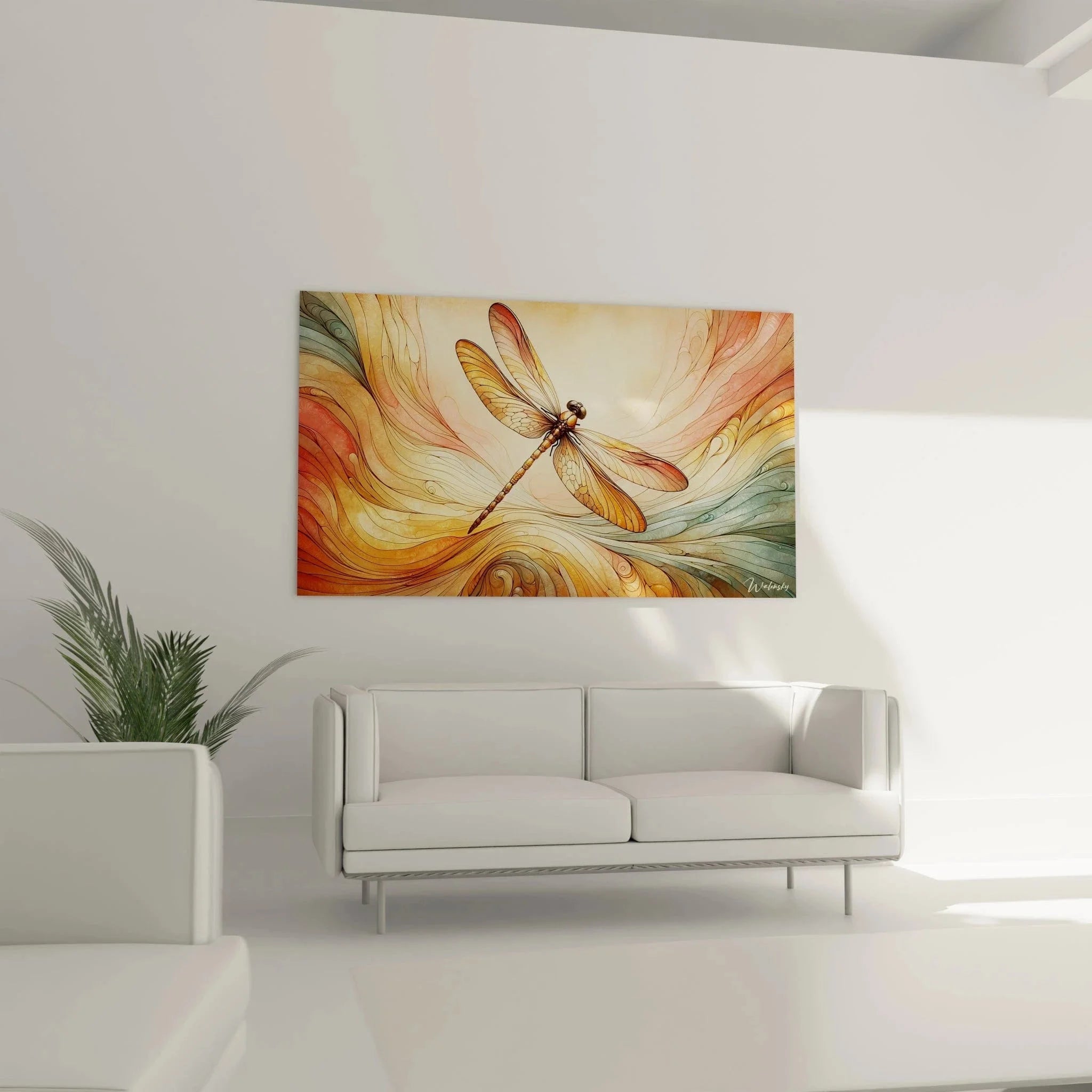 Detailansicht Wandbild Libelle goldene Flügel Acryl-Optik abstrakte Strukturen Nahaufnahme