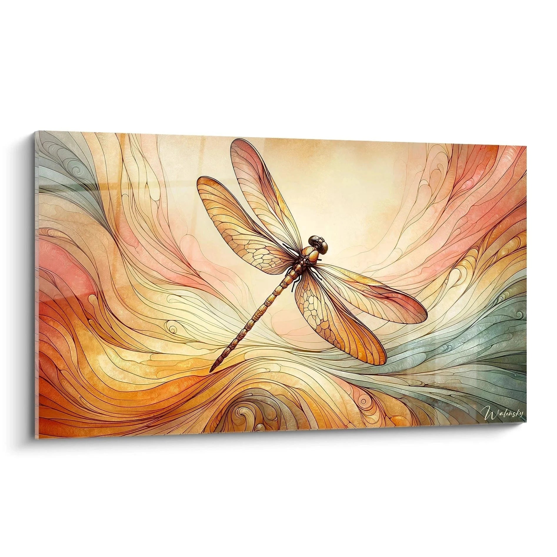 Wandbild Libelle goldene Schwingungen Acryl-Optik abstrakte Wandkunst moderne Dekoration