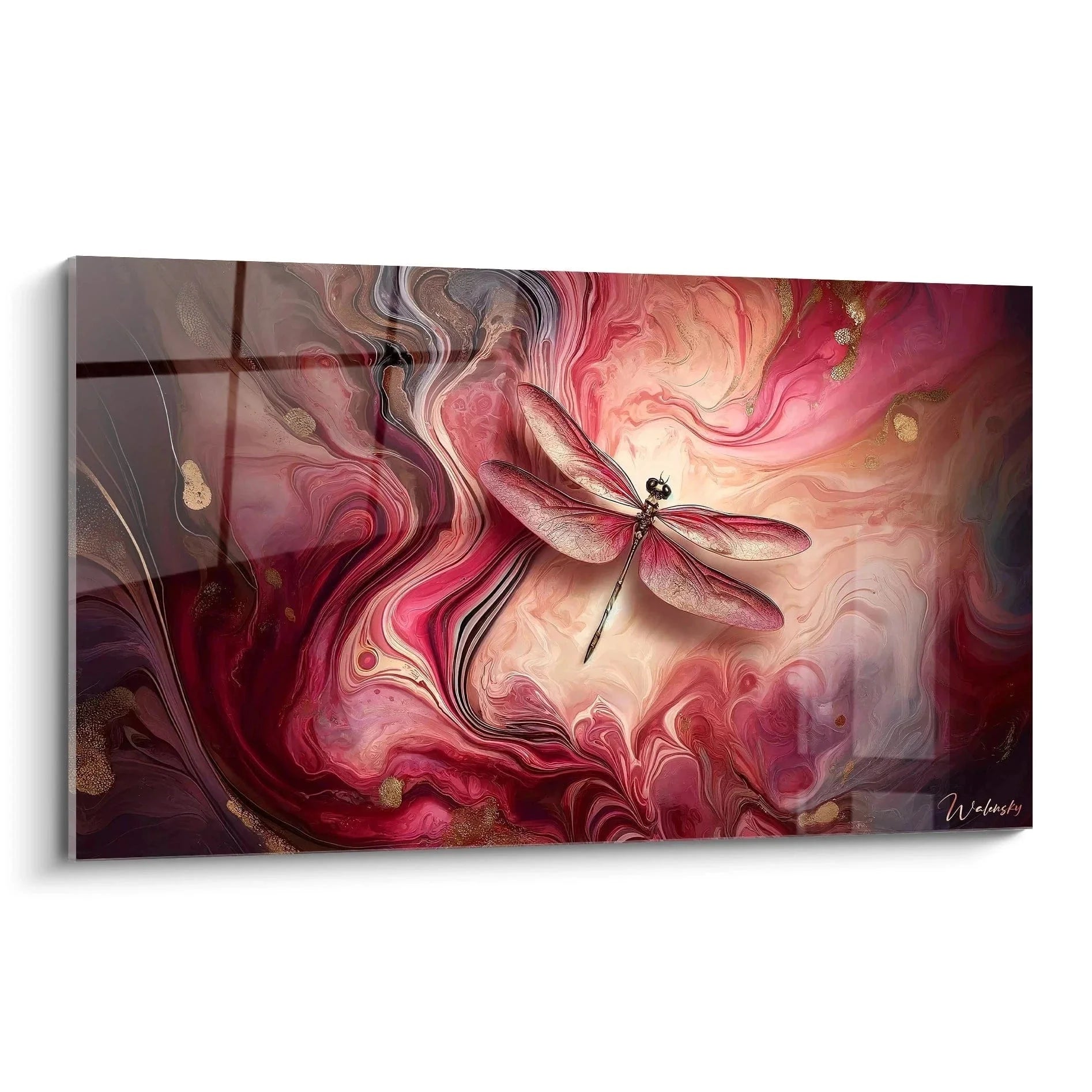 Wandbild abstrakte rosa Libelle mit fließenden Formen - zeitgenössische Malerei Wanddekoration