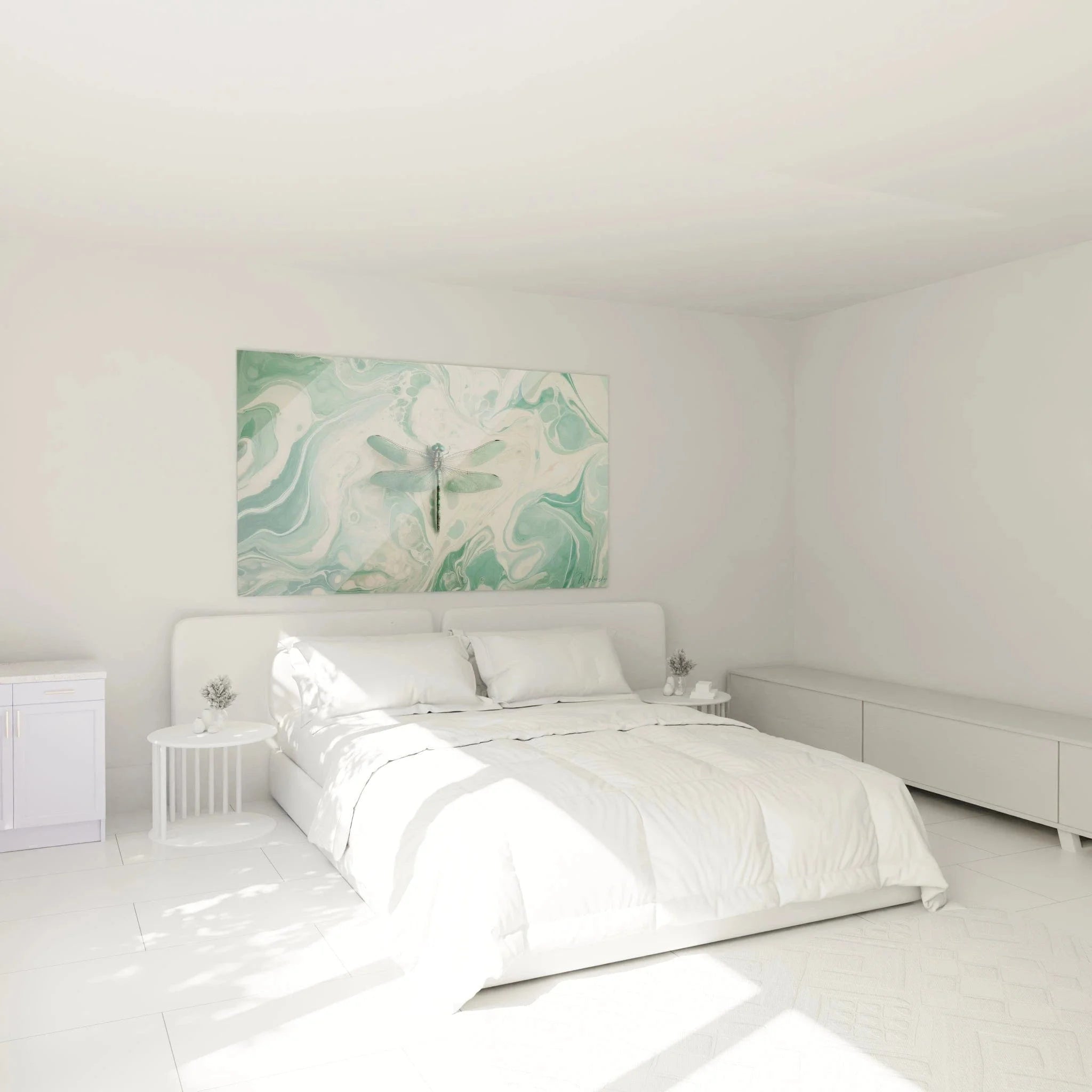 Wandbild Libelle Acryl-Optik als elegante Schlafzimmer Wanddekoration mit Marmoreffekt