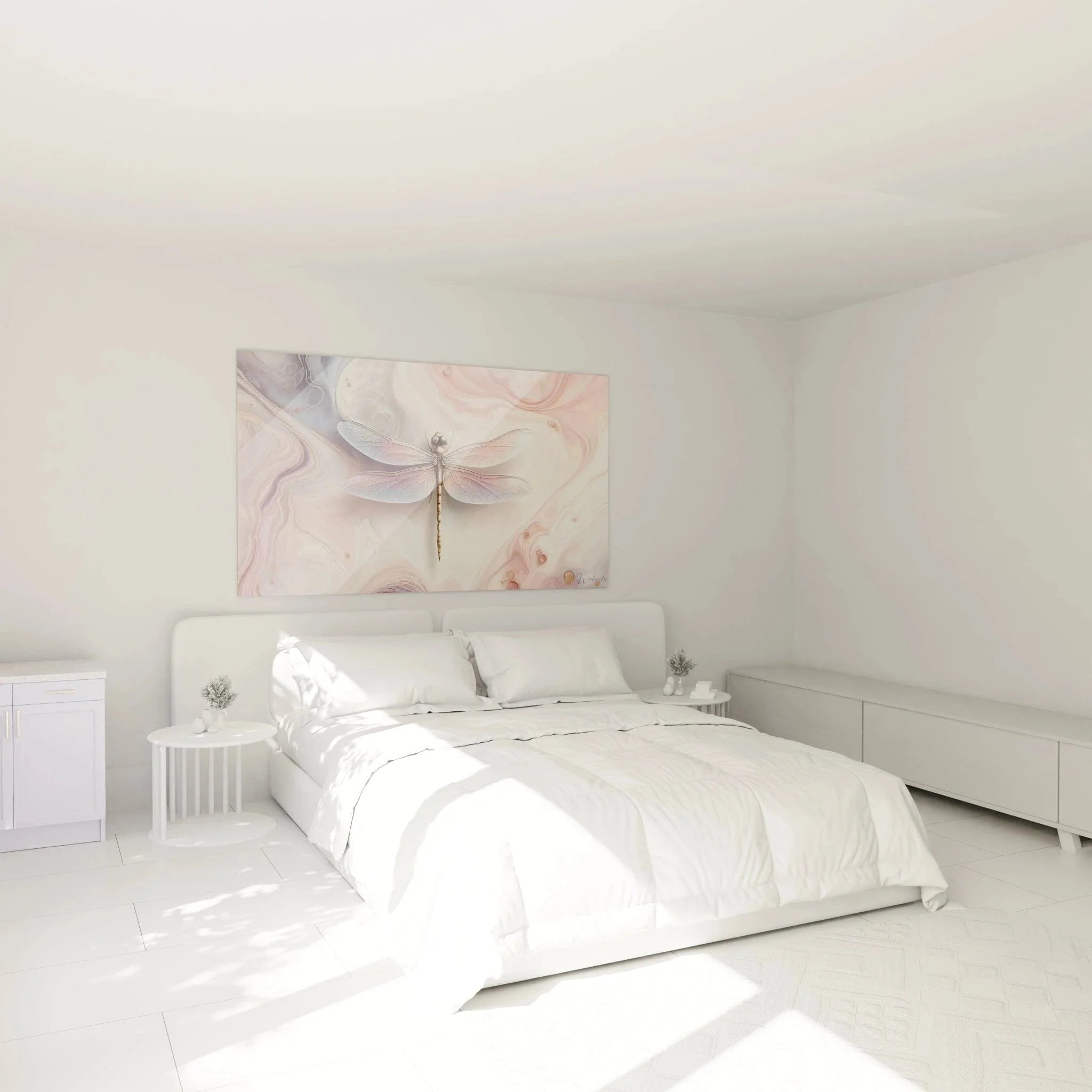 Wandbild Libelle rosa Marmor in Schlafzimmer Ambiente - moderne abstrakte Wanddekoration XXL