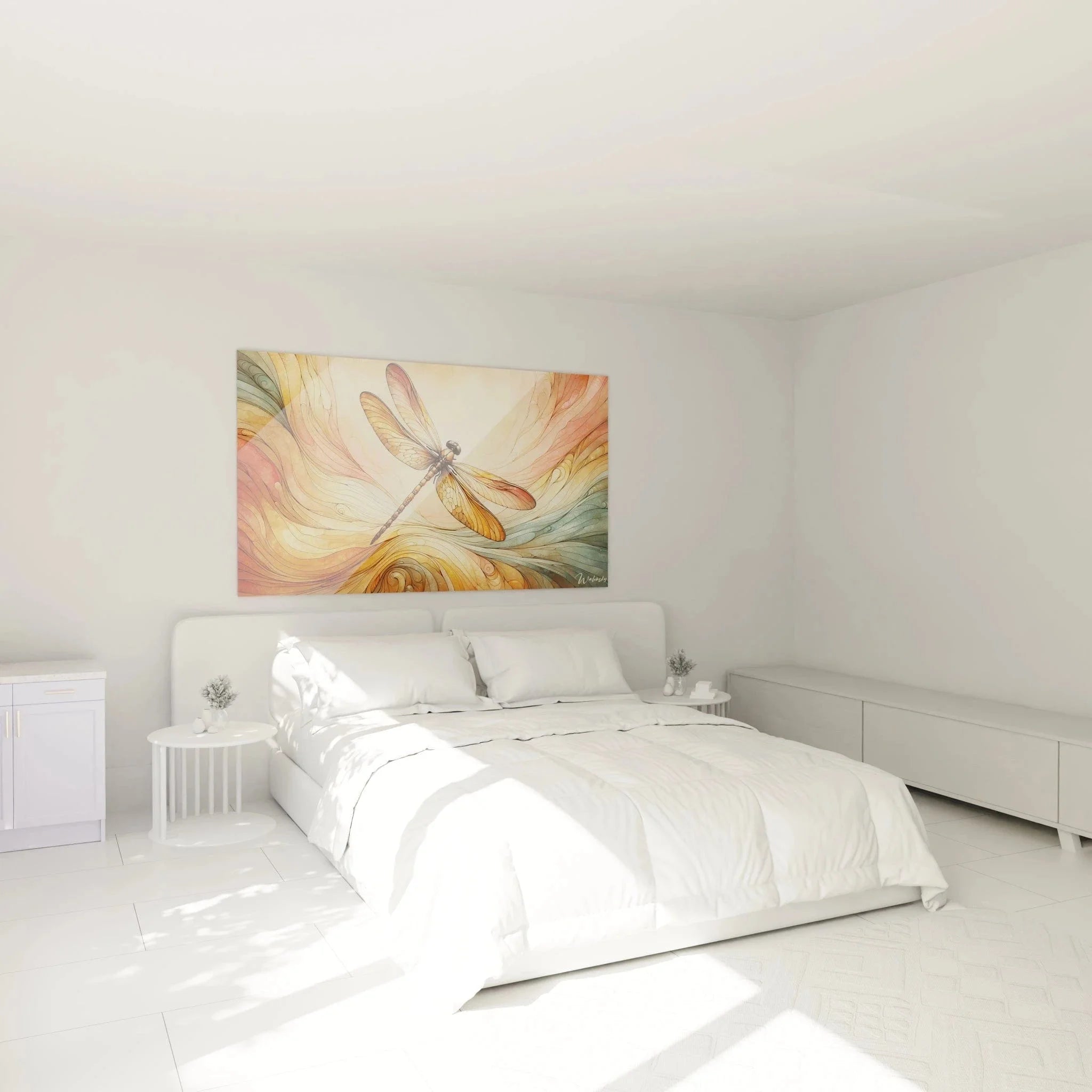 Wandbild Libelle goldene Töne im Schlafzimmer Acryl-Optik Wanddekoration moderne Einrichtung