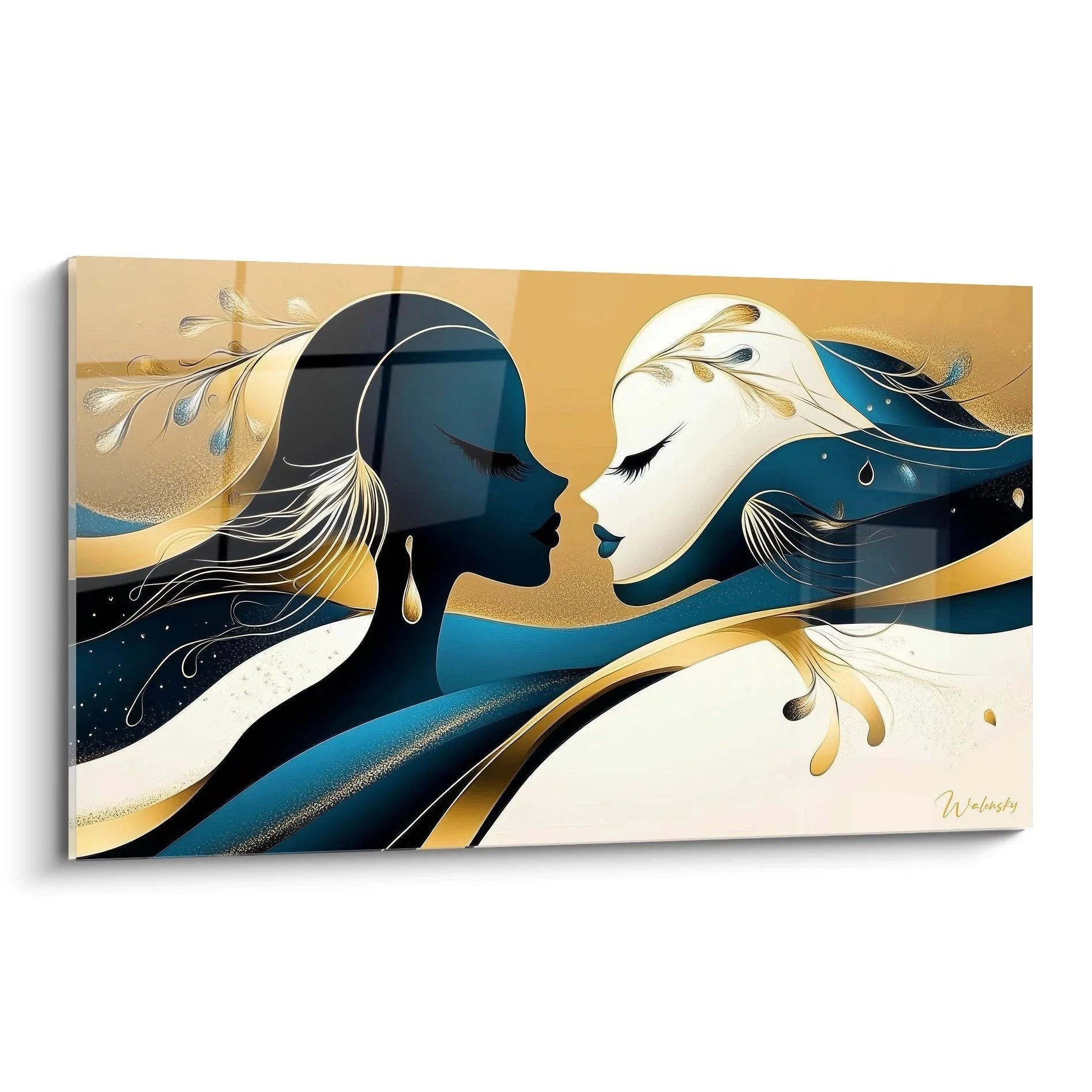 Abstraktes Wandbild Liebespaar in Gold und Blau - Moderne figurative Kunst für Wohnzimmer