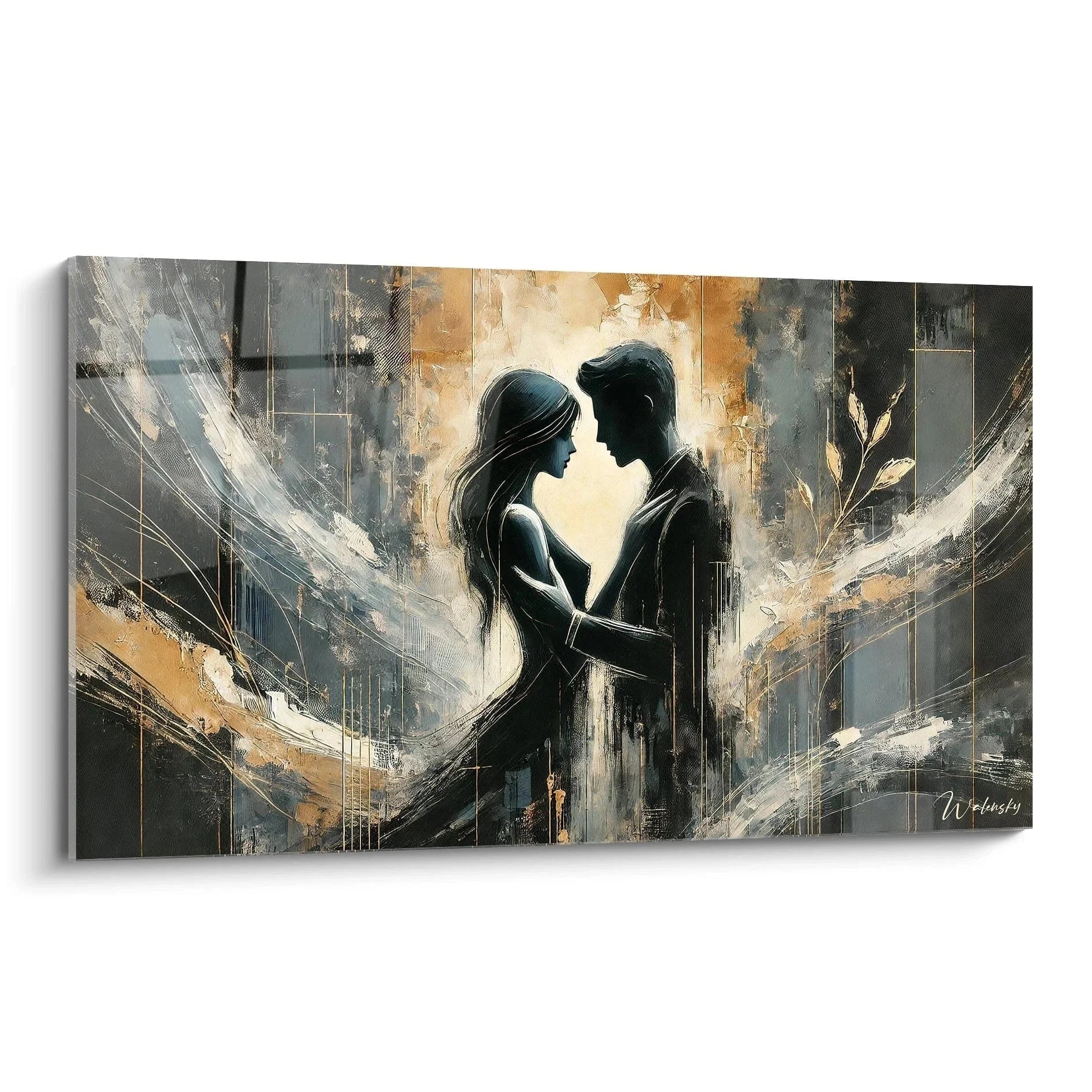 Wandbild abstrakte Liebeskunst zeigt romantisches Paar in warmen Erdtönen und Goldakzenten