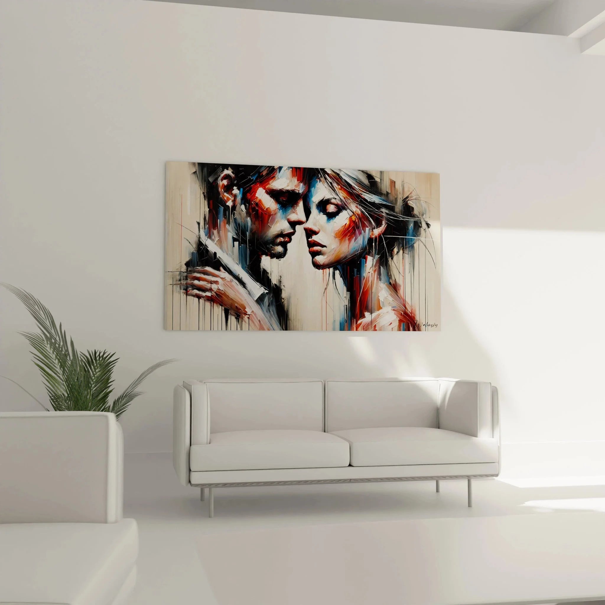 Detailansicht Wandbild Liebespaar zeigt expressive Pinselstriche und emotionale Gesichter