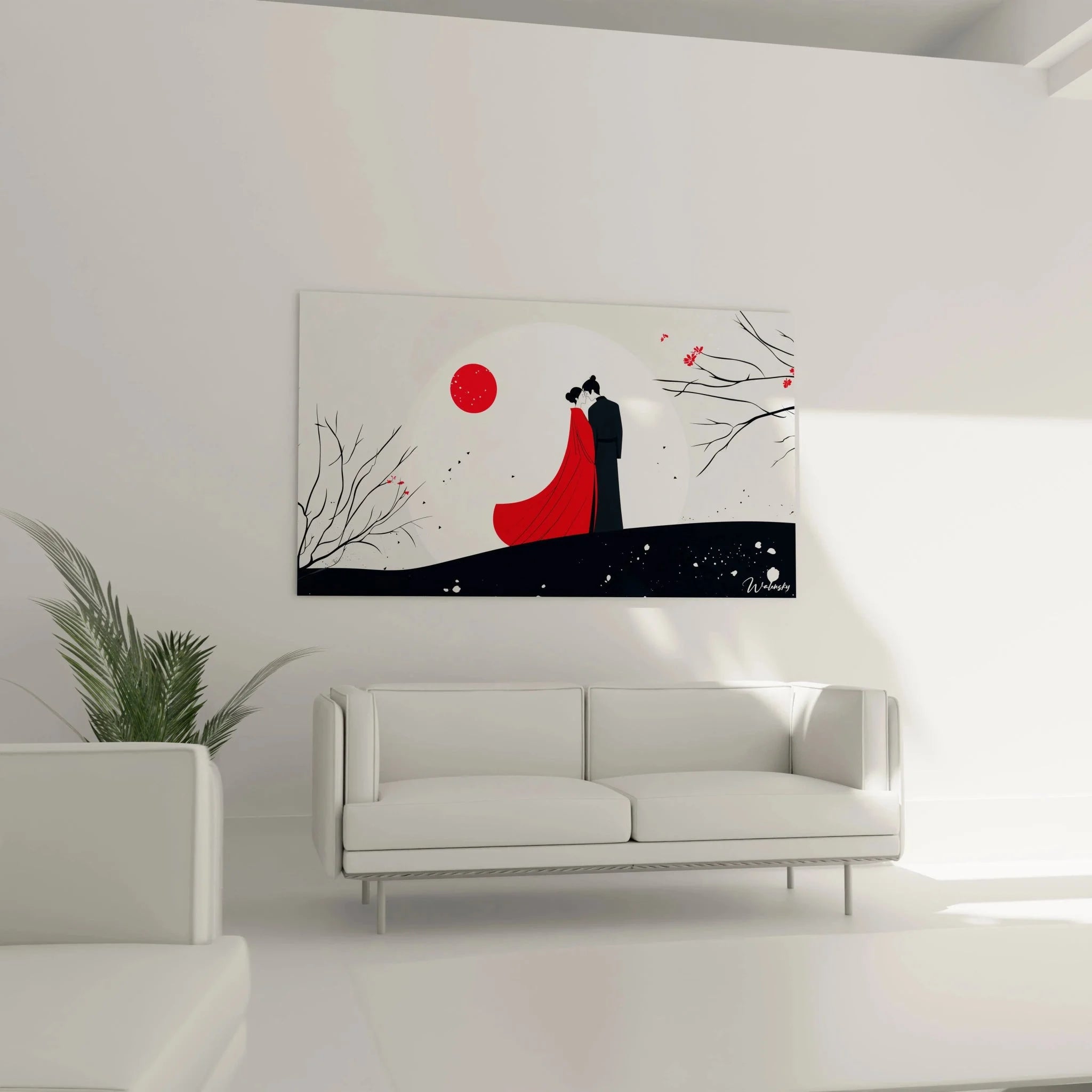 Detailansicht Wandbild romantisches Paar roter Mond Kirschblüten Marc Chagall inspirierte Kunst