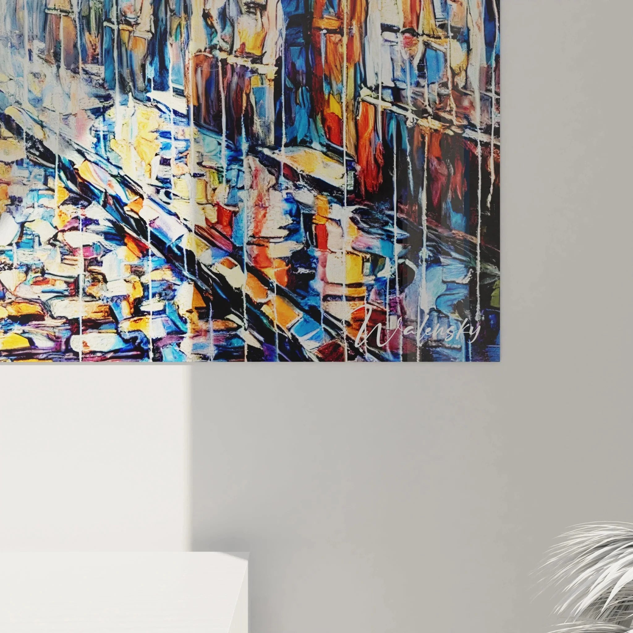 Gesamtansicht romantisches Wandbild mit Liebespaar in regnerischer Straßenszene