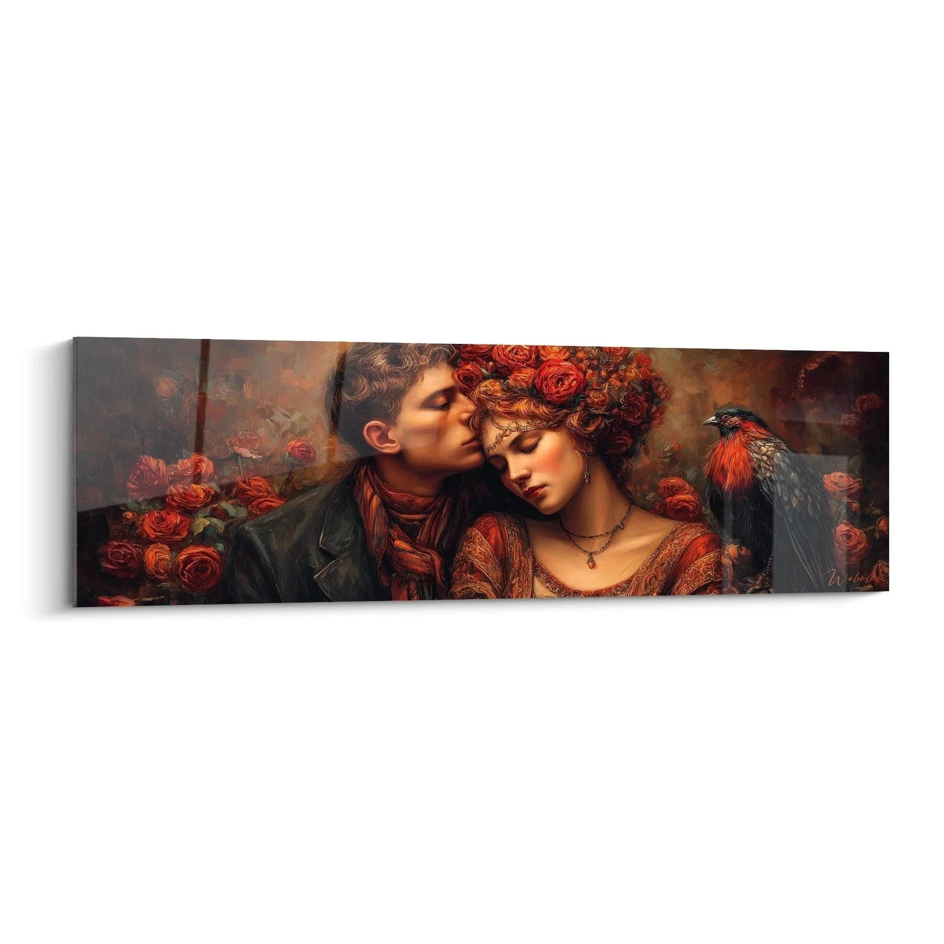 Romantisches Wandbild XXL Liebespaar mit roten Rosen und Rabe - Edition Valentinstag Kunstdruck
