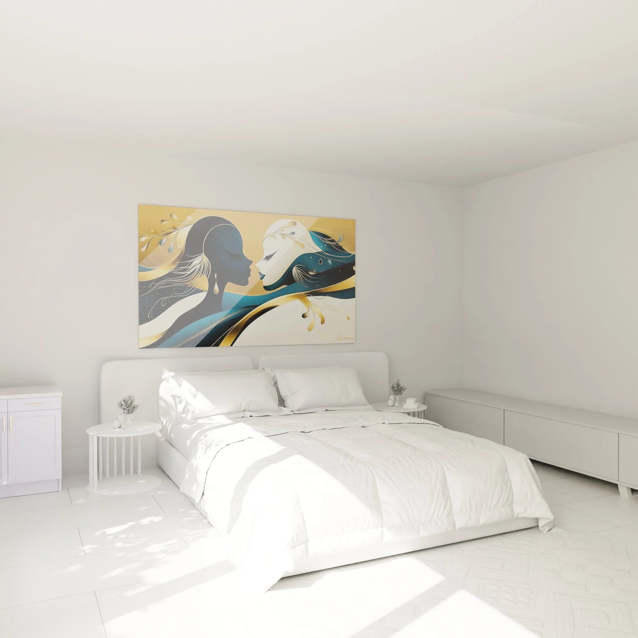 Wandbild Liebespaar abstrakt in Schlafzimmer Ambiente - Romantische Wanddeko in warmen Farben