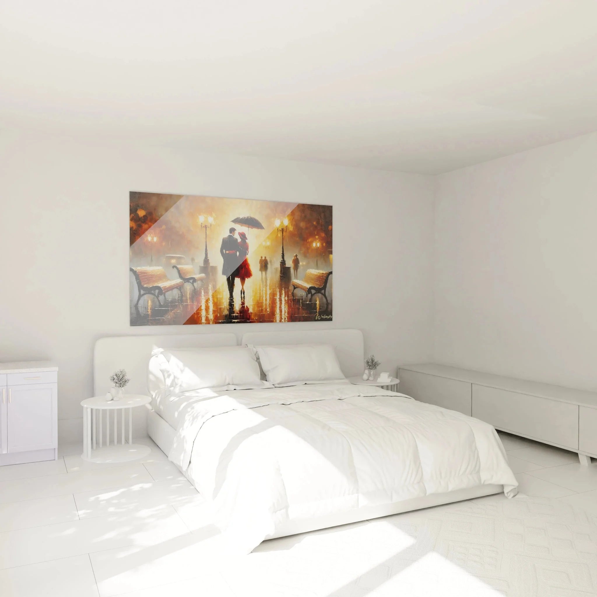 Romantisches Wandbild Liebespaar in elegantem Schlafzimmer mit warmer Beleuchtung als Wanddekoration