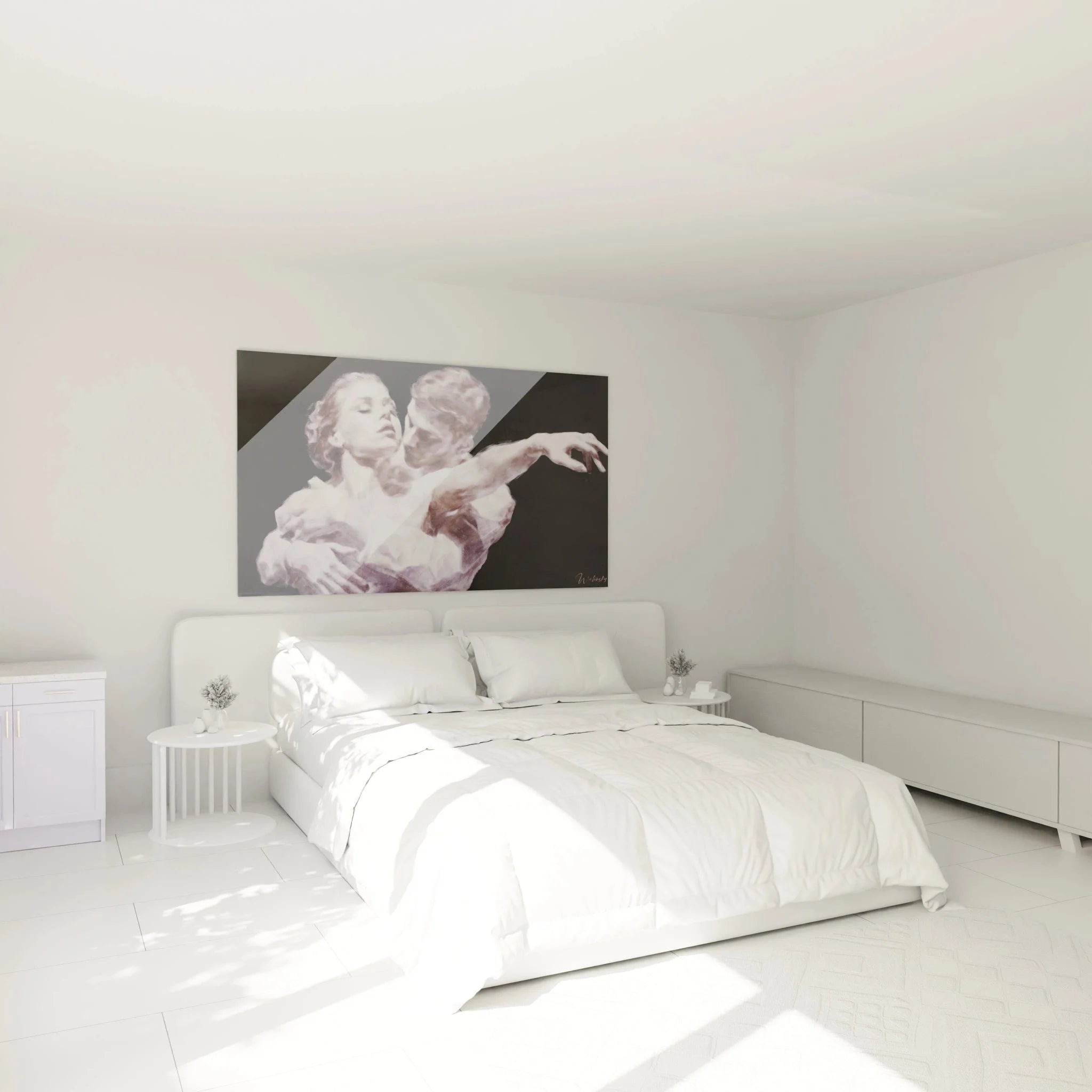 Wandbild Liebespaar Tango in elegantem Schlafzimmer als romantische Wanddekoration hyperrealistisch