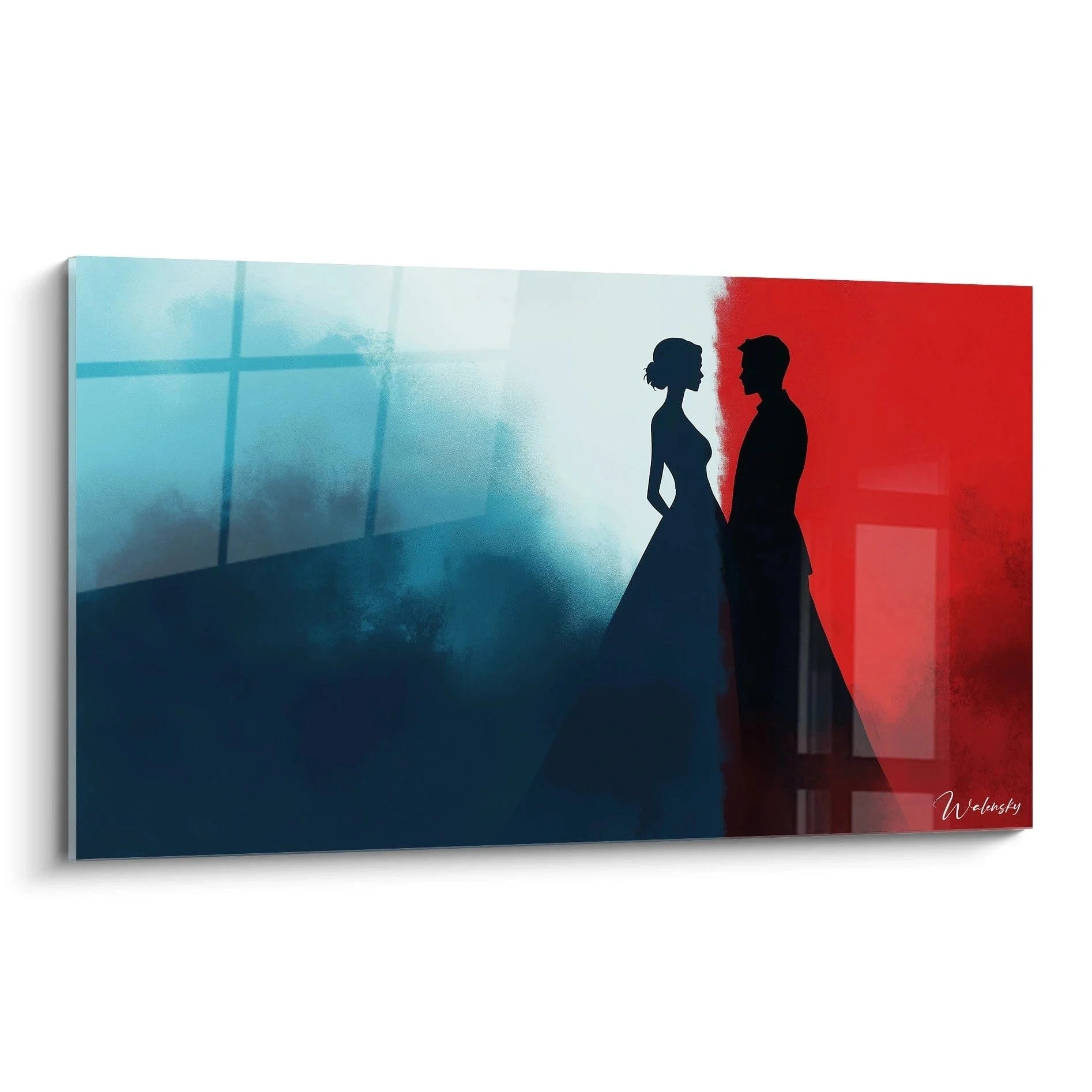 Wandbild Liebespaar Silhouetten Marc Chagall Stil romantische Kunst blau rot Farbkontrast