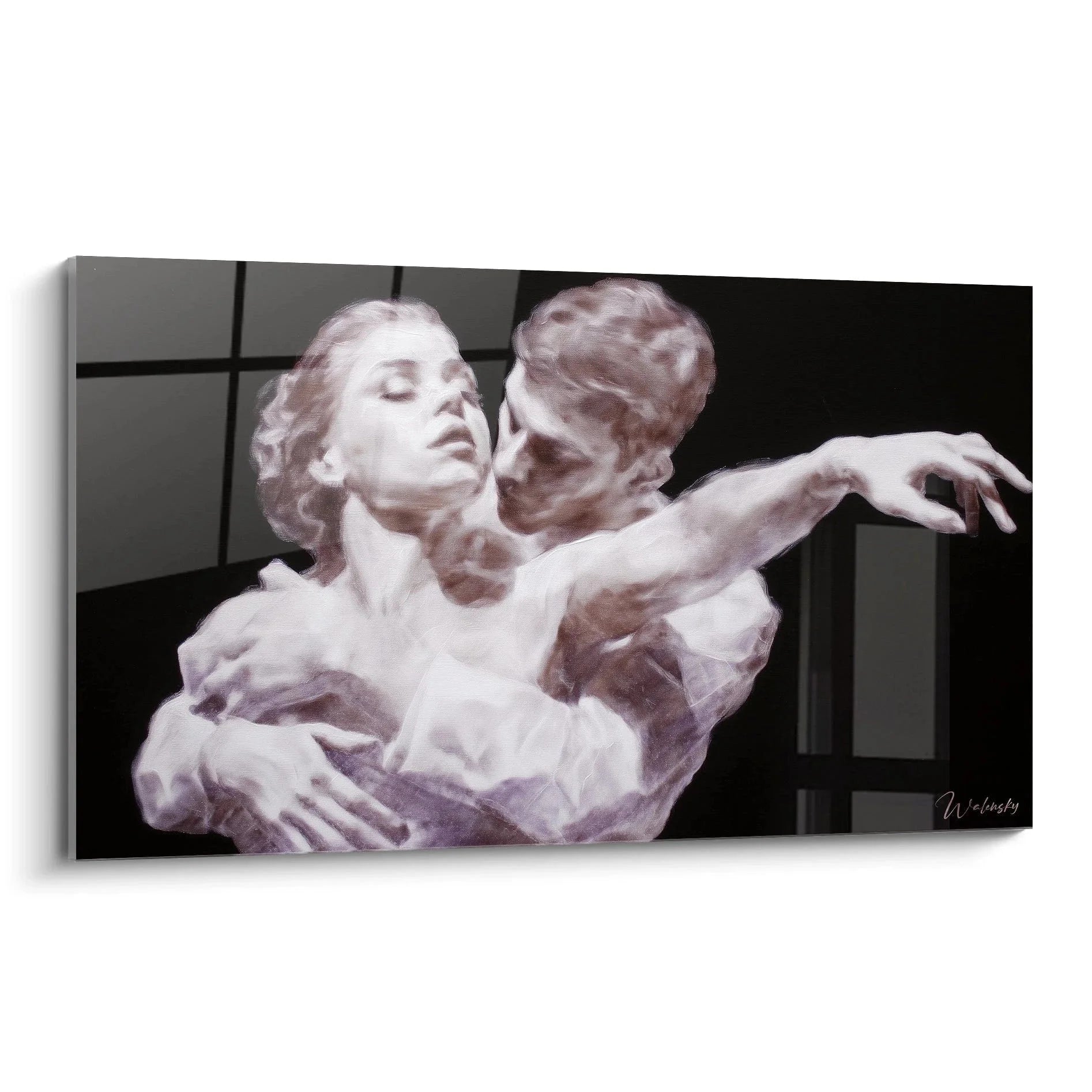 Hyperrealistisches Wandbild zeigt Liebespaar beim leidenschaftlichen Tango in warmen Sepia-Tönen