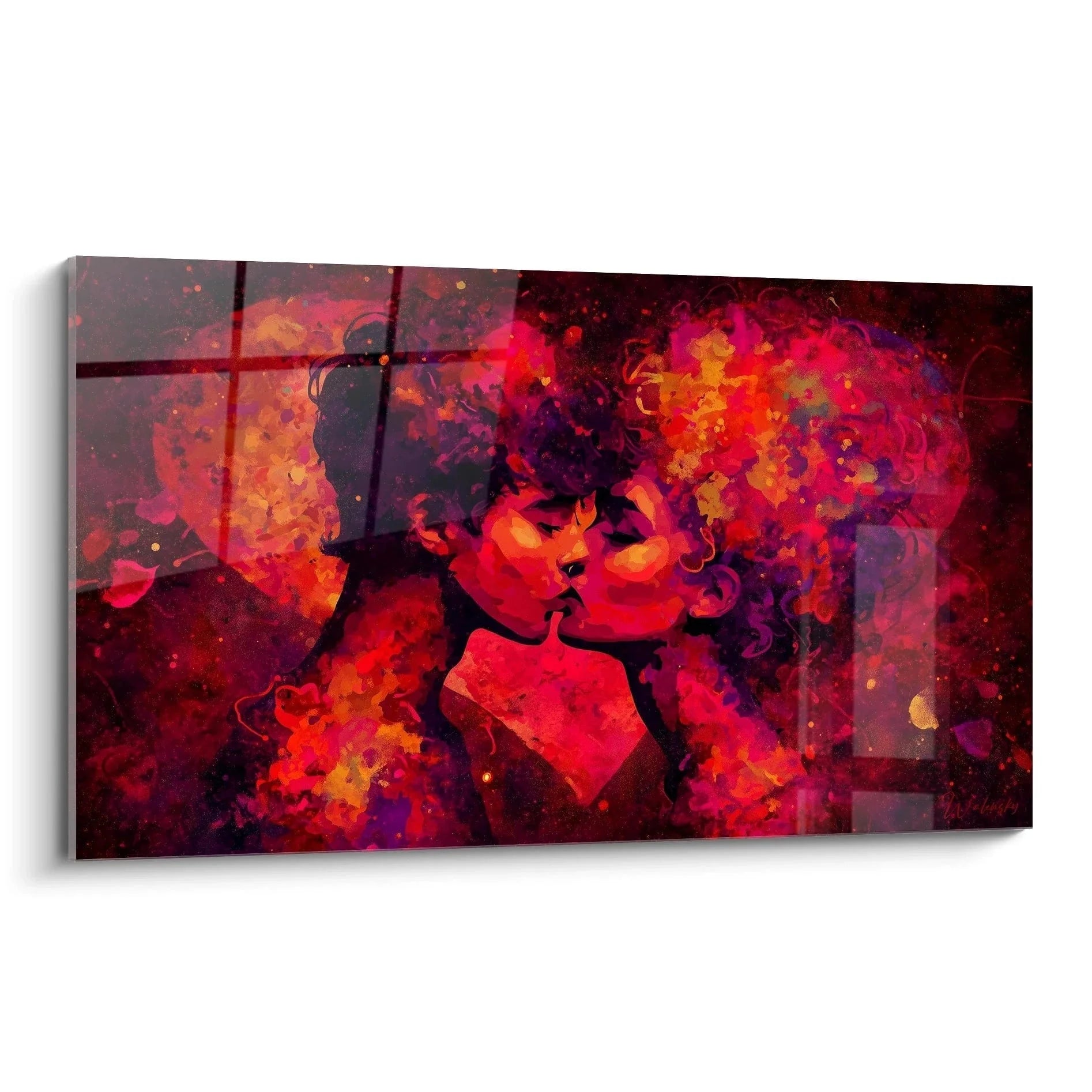 Wandbild Liebespaar Valentinstag mit explosiven Rottönen und romantischer Umarmung