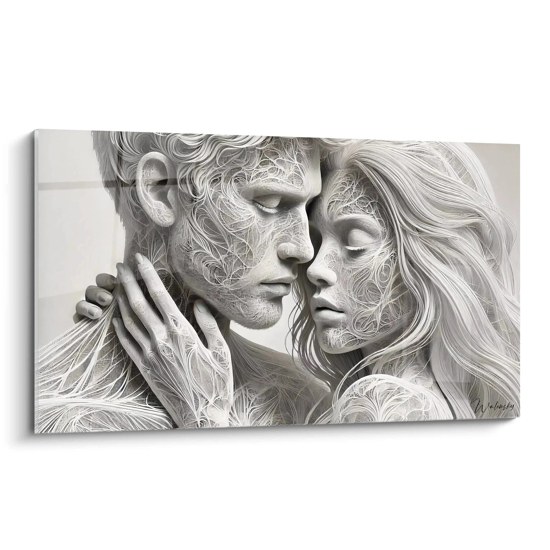 Romantisches Wandbild Liebespaar in zärtlicher Umarmung, schwarz-weiß Kunstdruck mit ornamentalen Details